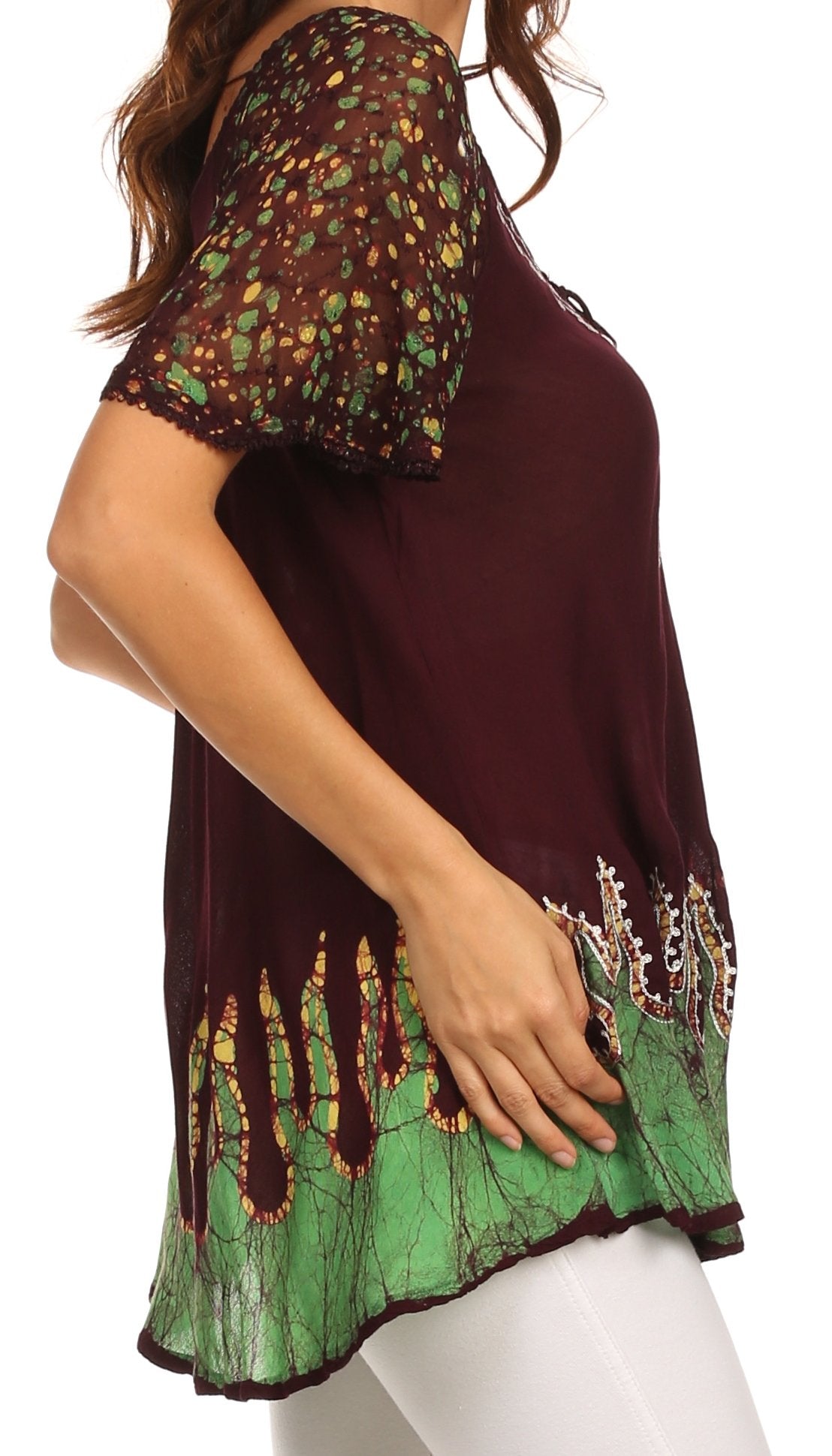 Sakkas Cora Relaxed Fit Batik Design Embroidery Cap Sleeves Blouse / Top - Concordia Style Boutique