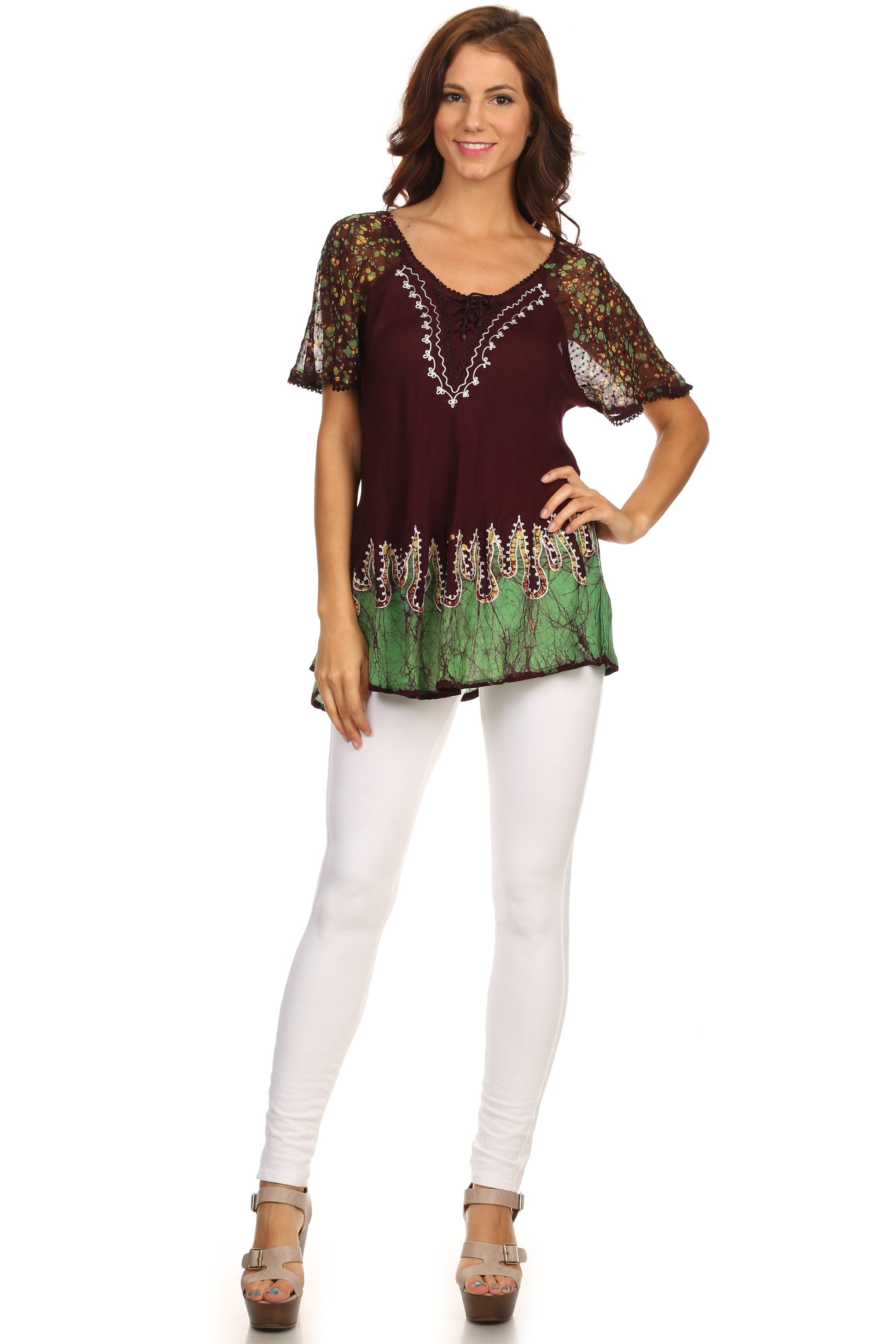 Sakkas Cora Relaxed Fit Batik Design Embroidery Cap Sleeves Blouse / Top - Concordia Style Boutique