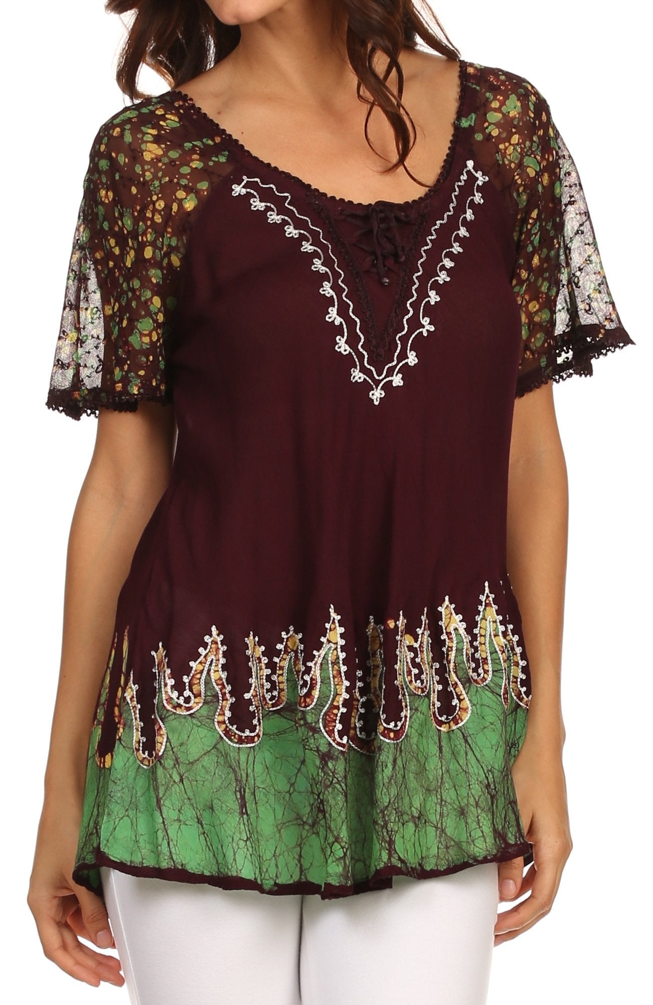Sakkas Cora Relaxed Fit Batik Design Embroidery Cap Sleeves Blouse / Top - Concordia Style Boutique
