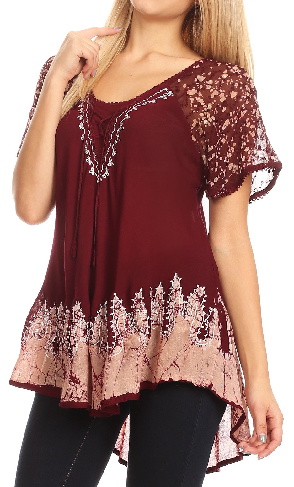 Sakkas Cora Relaxed Fit Batik Design Embroidery Cap Sleeves Blouse / Top - Concordia Style Boutique
