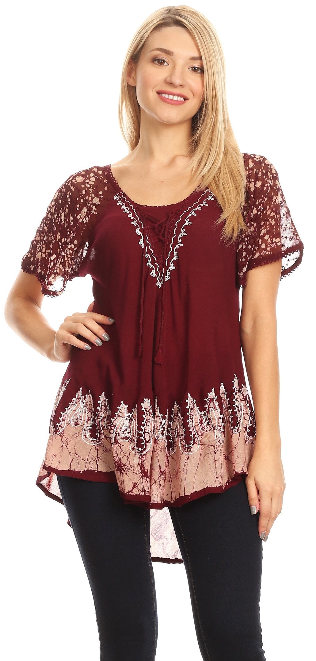 Sakkas Cora Relaxed Fit Batik Design Embroidery Cap Sleeves Blouse / Top - Concordia Style Boutique
