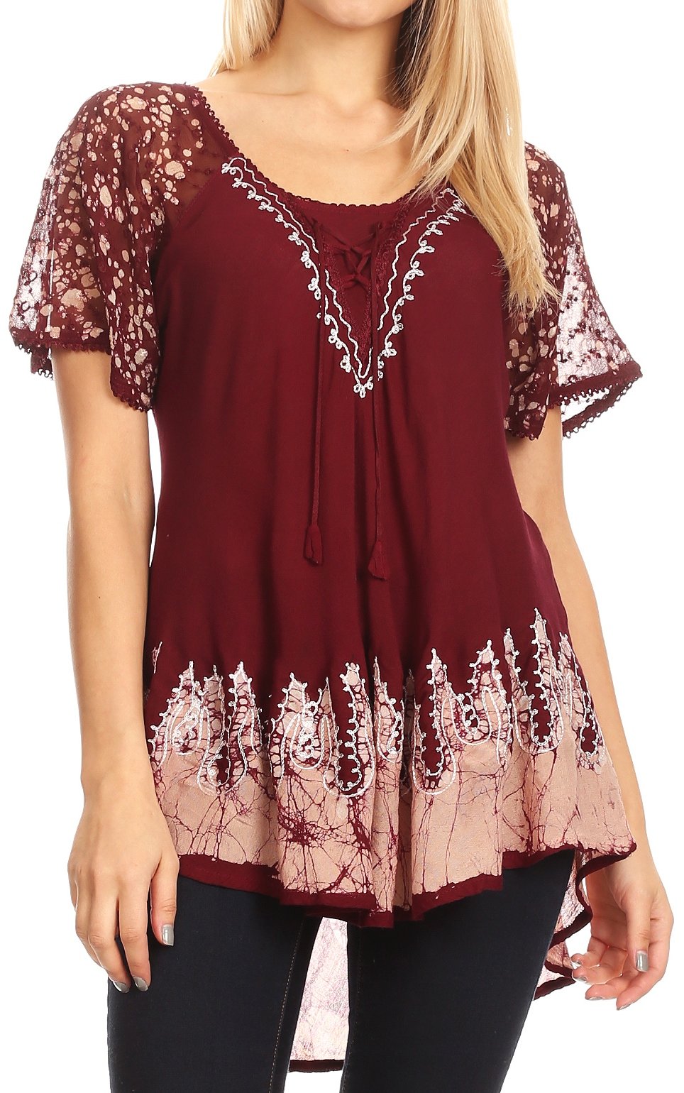 Sakkas Cora Relaxed Fit Batik Design Embroidery Cap Sleeves Blouse / Top - Concordia Style Boutique