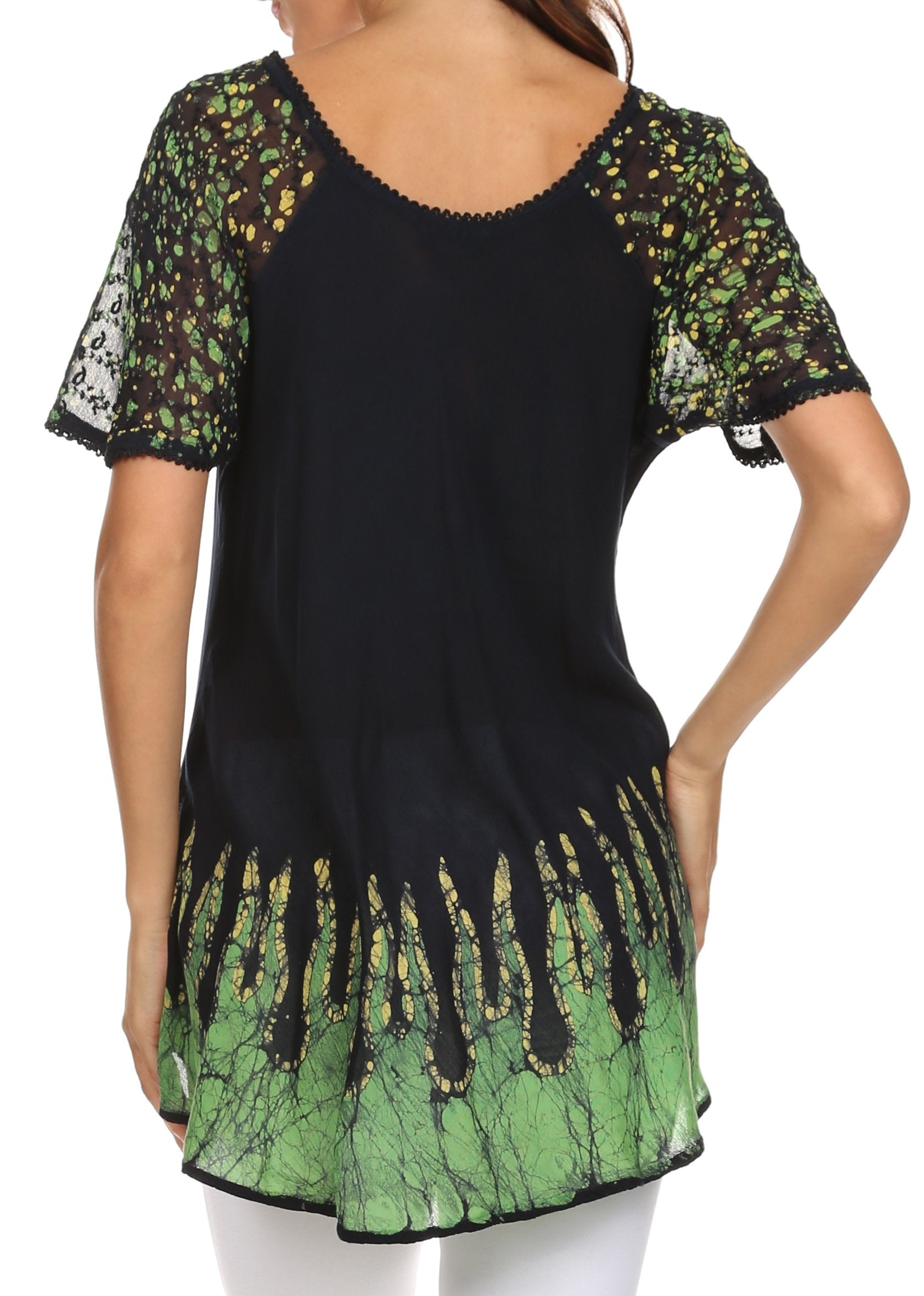 Sakkas Cora Relaxed Fit Batik Design Embroidery Cap Sleeves Blouse / Top - Concordia Style Boutique