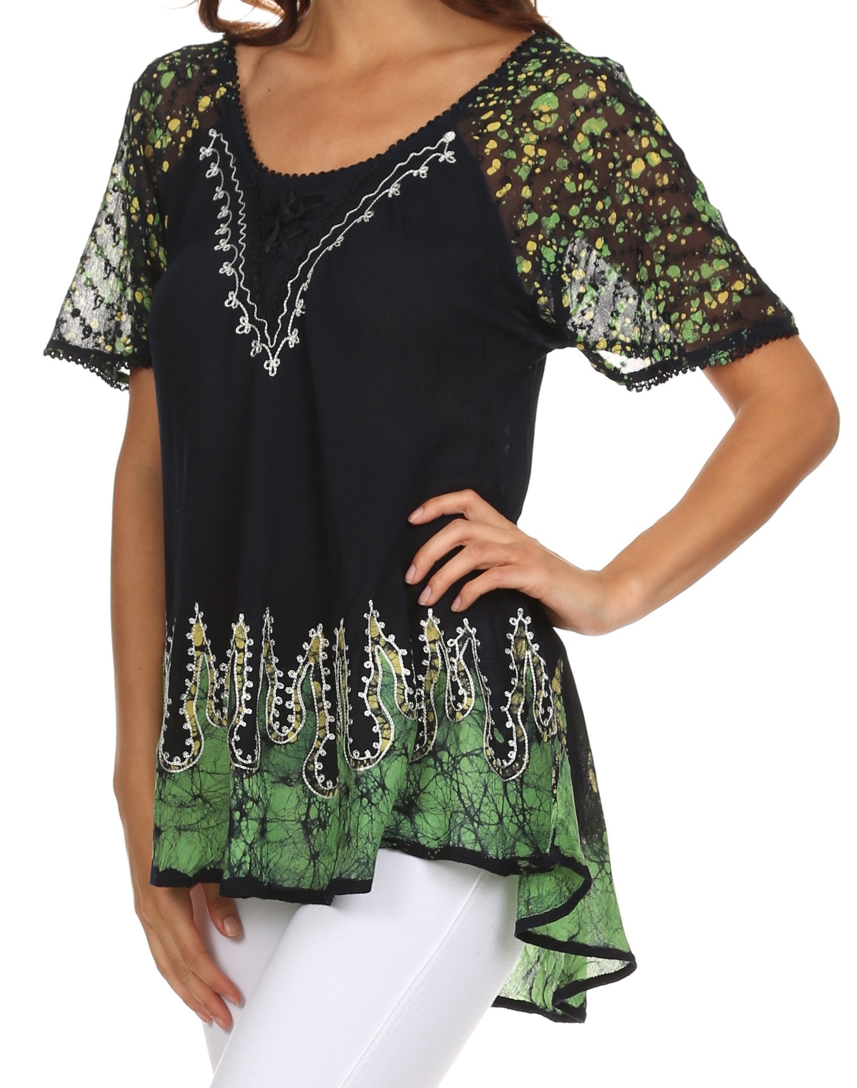 Sakkas Cora Relaxed Fit Batik Design Embroidery Cap Sleeves Blouse / Top - Concordia Style Boutique