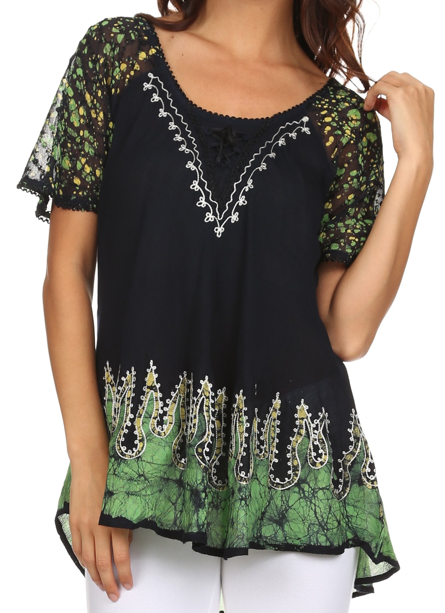 Sakkas Cora Relaxed Fit Batik Design Embroidery Cap Sleeves Blouse / Top - Concordia Style Boutique