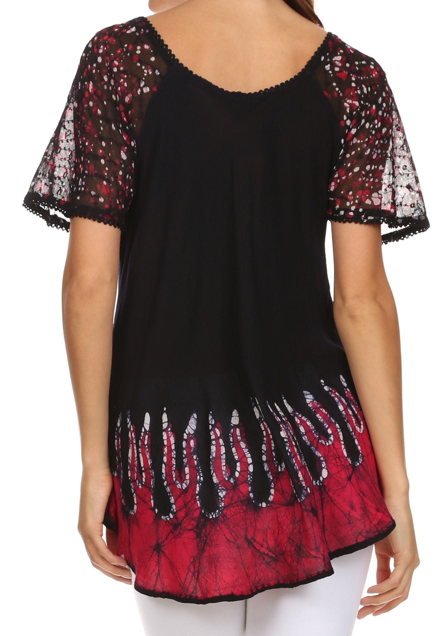 Sakkas Cora Relaxed Fit Batik Design Embroidery Cap Sleeves Blouse / Top - Concordia Style Boutique