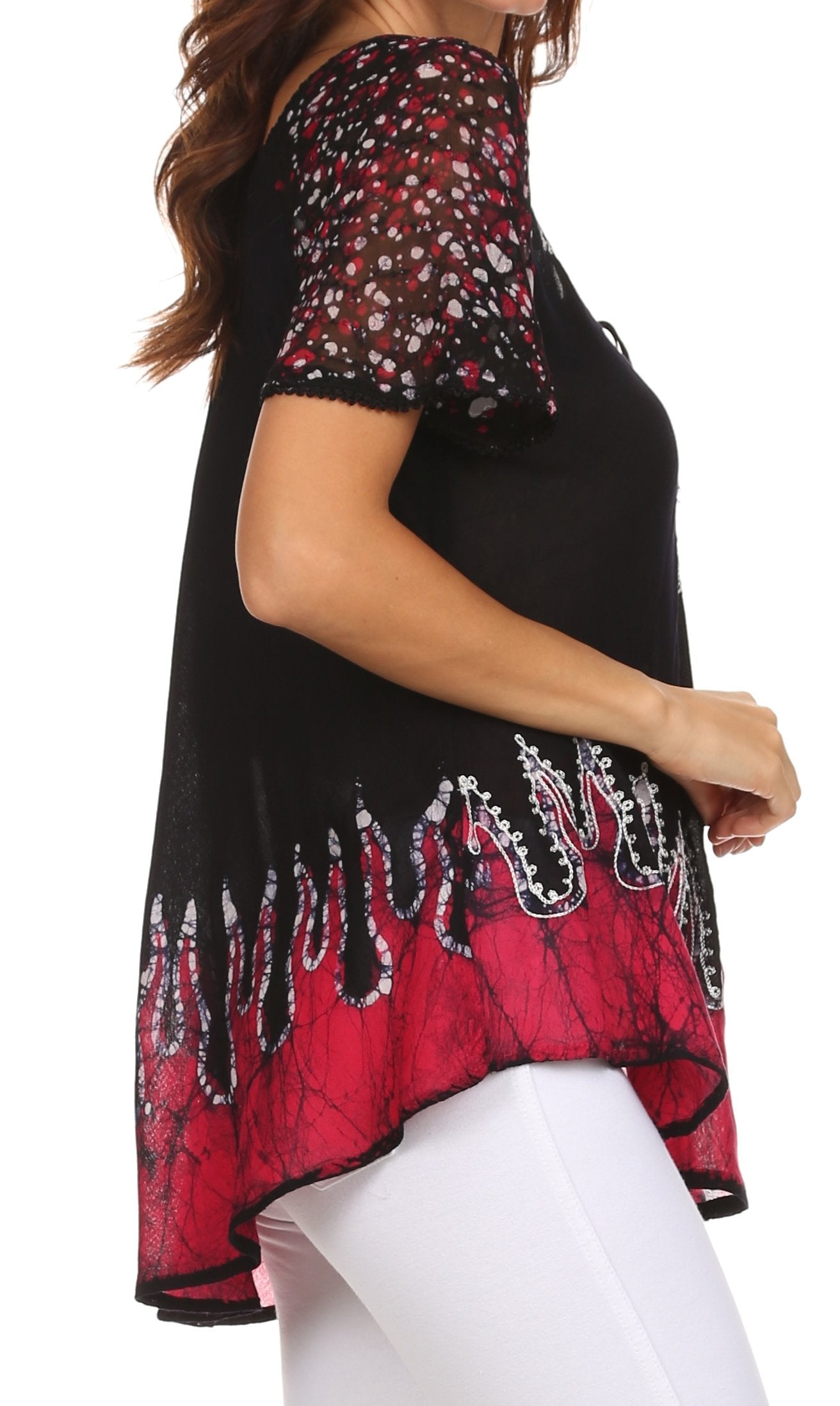 Sakkas Cora Relaxed Fit Batik Design Embroidery Cap Sleeves Blouse / Top - Concordia Style Boutique