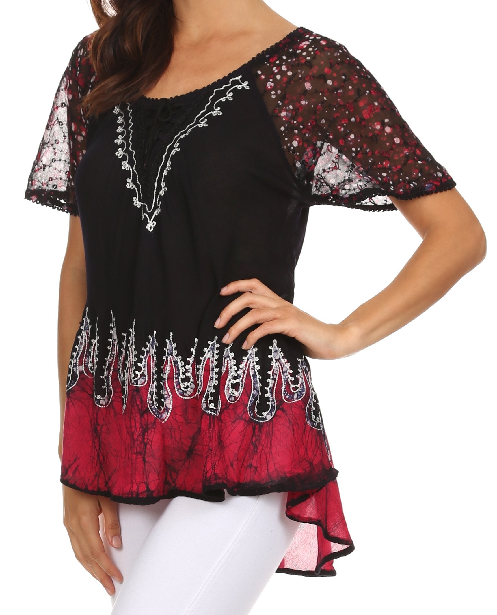 Sakkas Cora Relaxed Fit Batik Design Embroidery Cap Sleeves Blouse / Top - Concordia Style Boutique