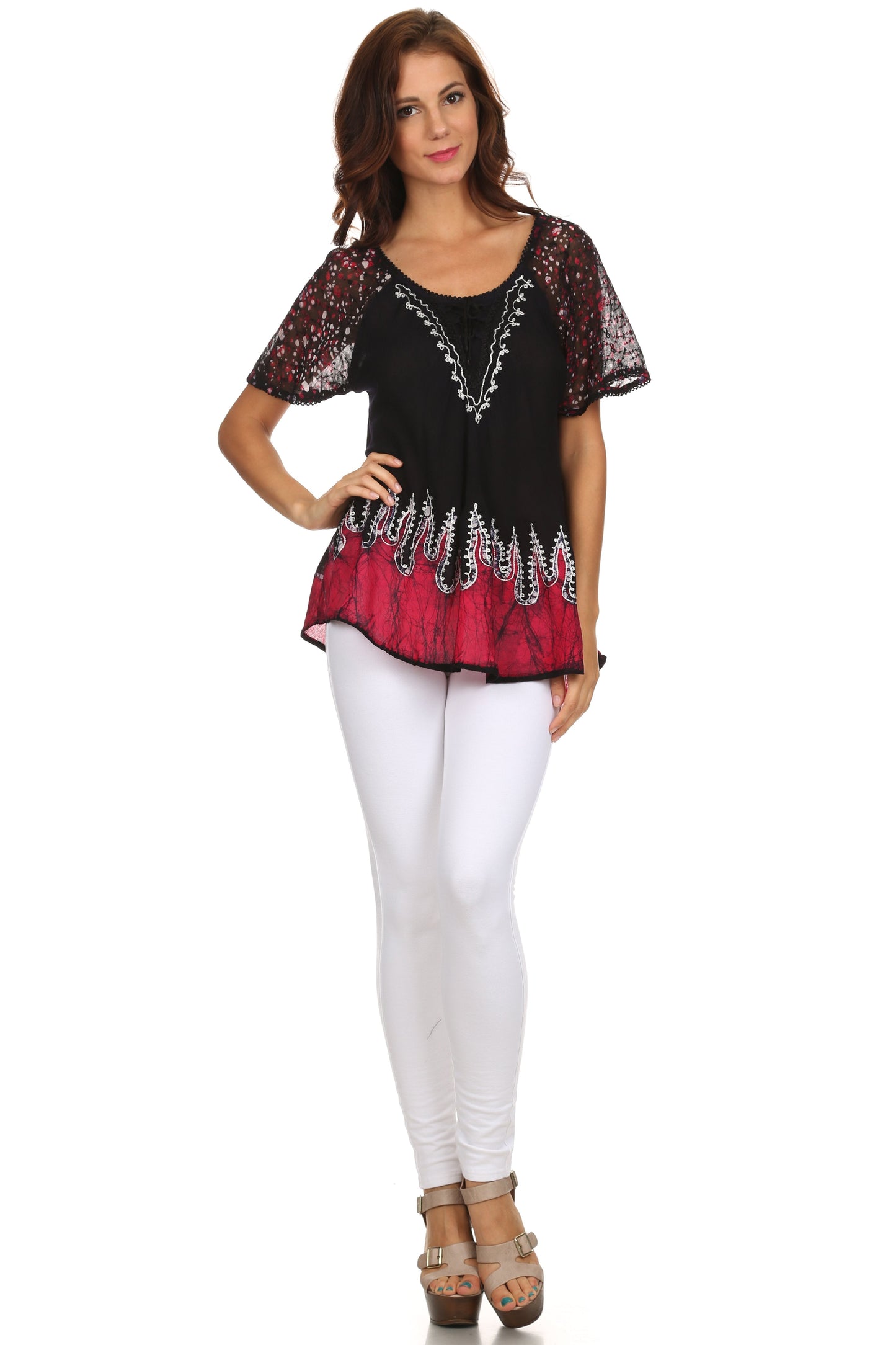 Sakkas Cora Relaxed Fit Batik Design Embroidery Cap Sleeves Blouse / Top - Concordia Style Boutique