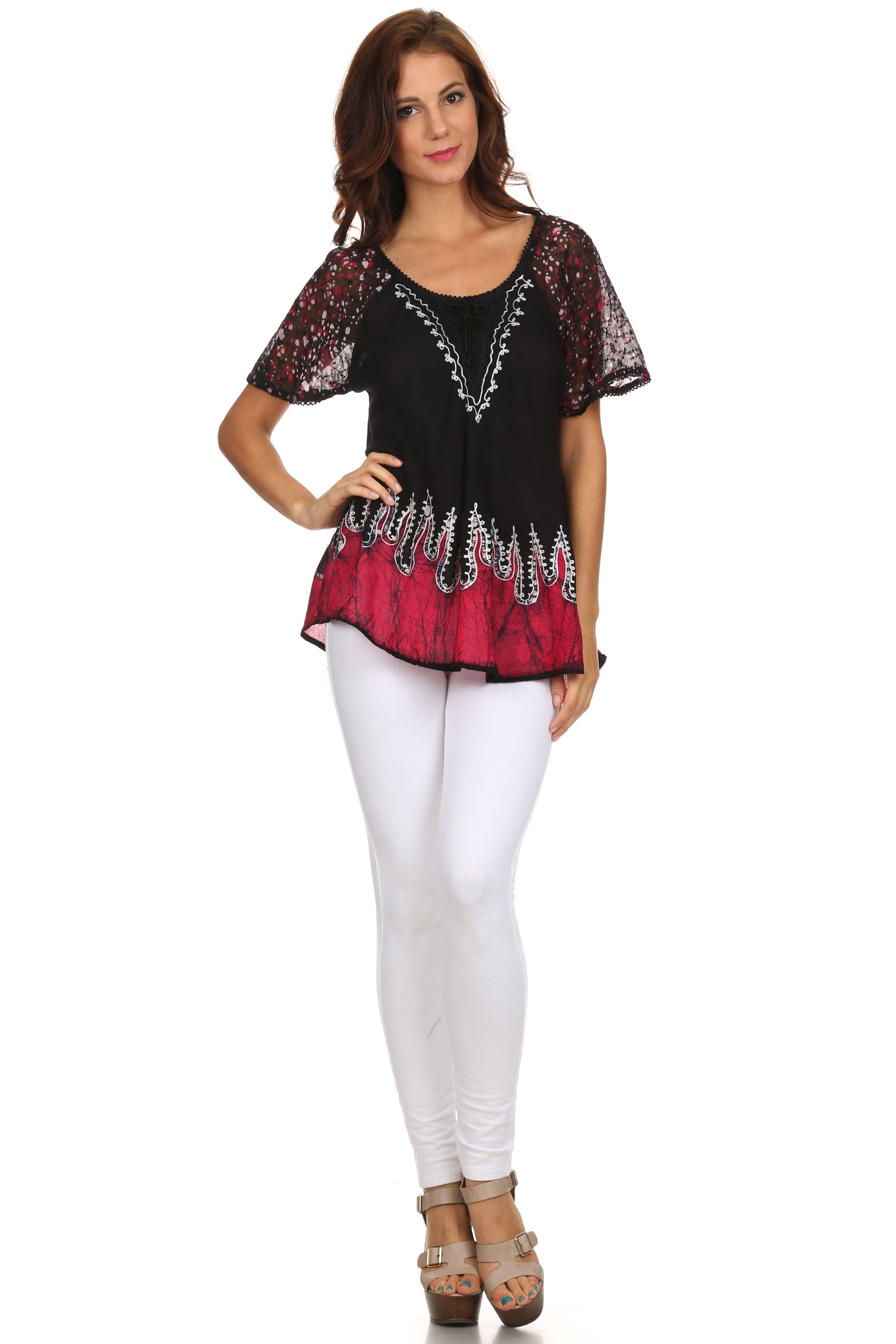 Sakkas Cora Relaxed Fit Batik Design Embroidery Cap Sleeves Blouse / Top - Concordia Style Boutique