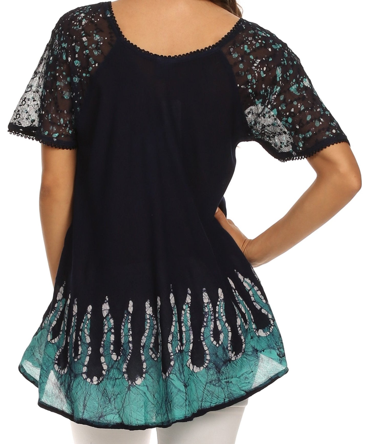 Sakkas Cora Relaxed Fit Batik Design Embroidery Cap Sleeves Blouse / Top - Concordia Style Boutique