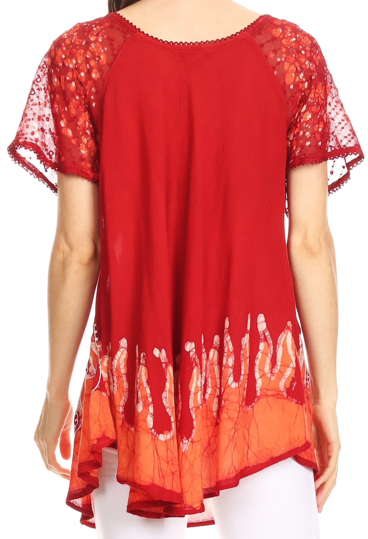 Sakkas Cora Relaxed Fit Batik Design Embroidery Cap Sleeves Blouse / Top - Concordia Style Boutique