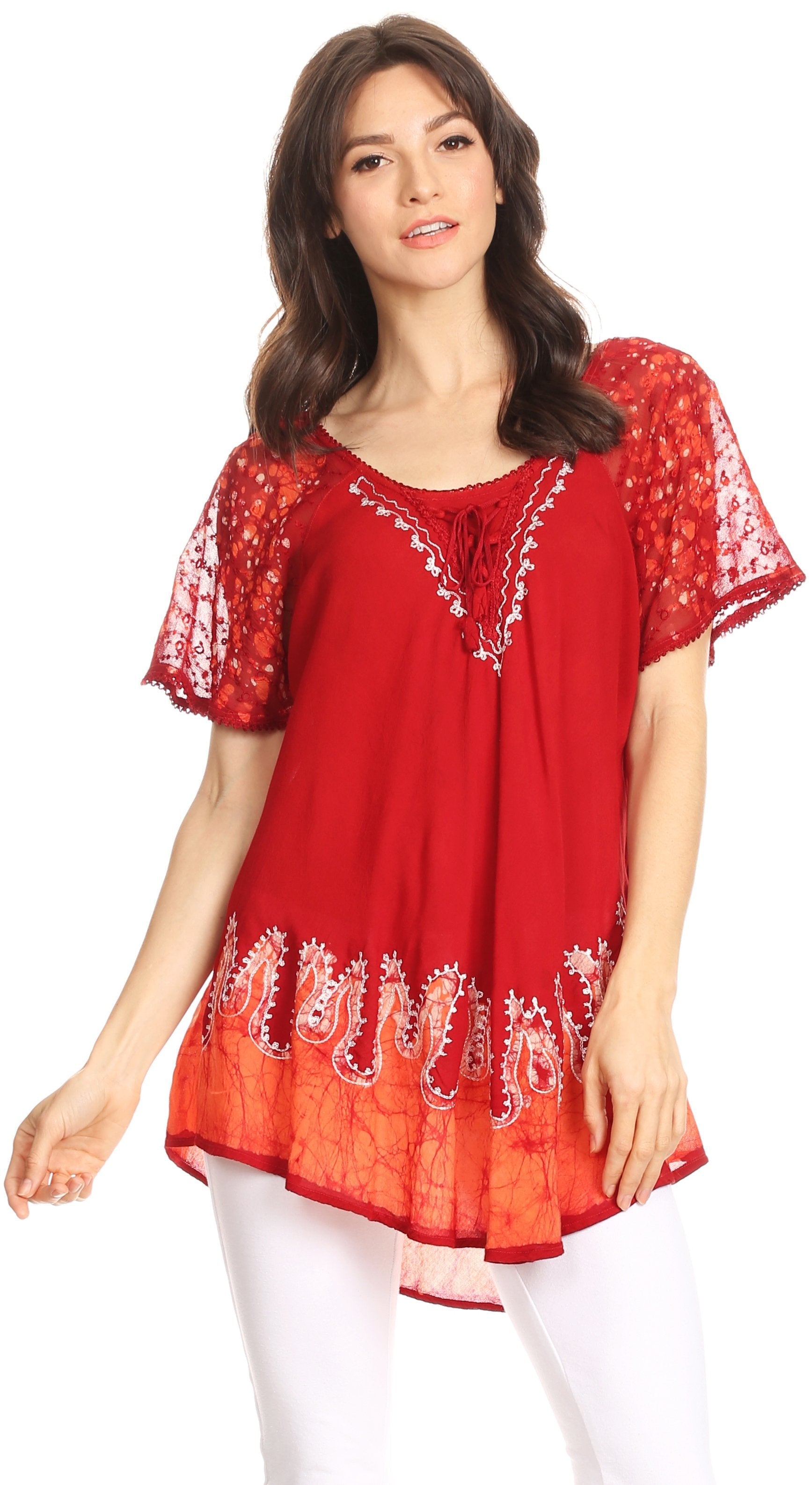 Sakkas Cora Relaxed Fit Batik Design Embroidery Cap Sleeves Blouse / Top - Concordia Style Boutique