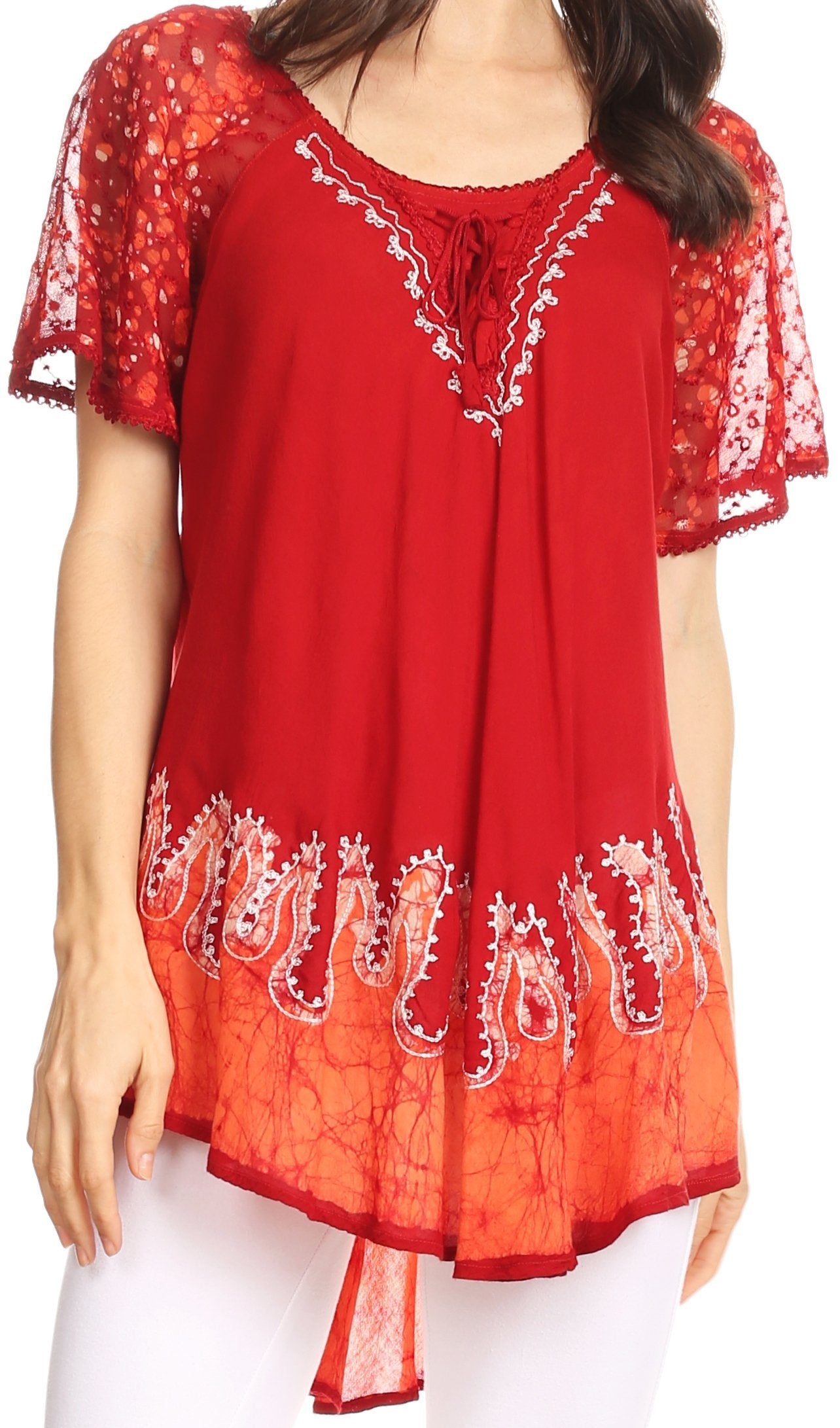 Sakkas Cora Relaxed Fit Batik Design Embroidery Cap Sleeves Blouse / Top - Concordia Style Boutique
