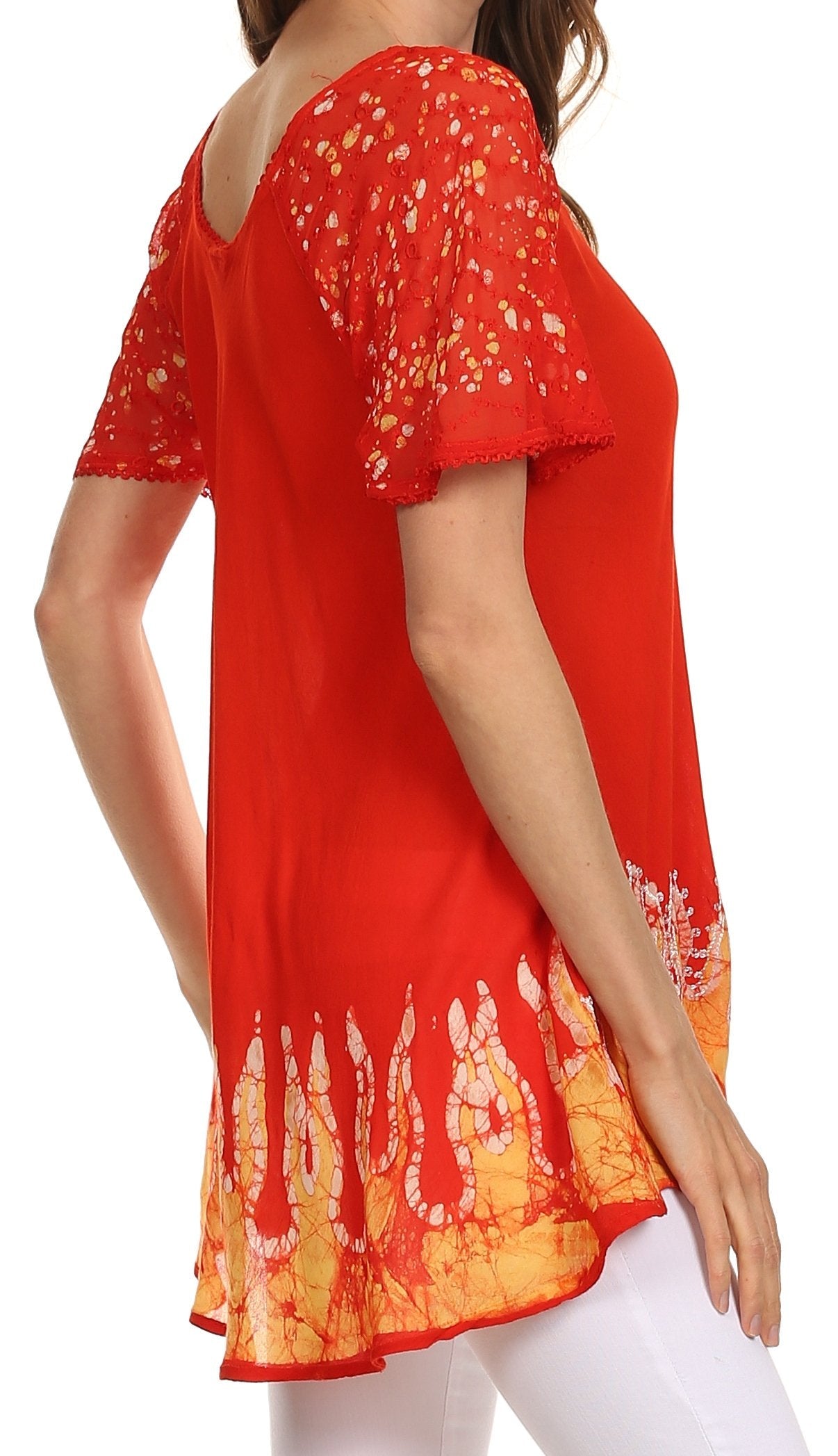 Sakkas Cora Relaxed Fit Batik Design Embroidery Cap Sleeves Blouse / Top - Concordia Style Boutique