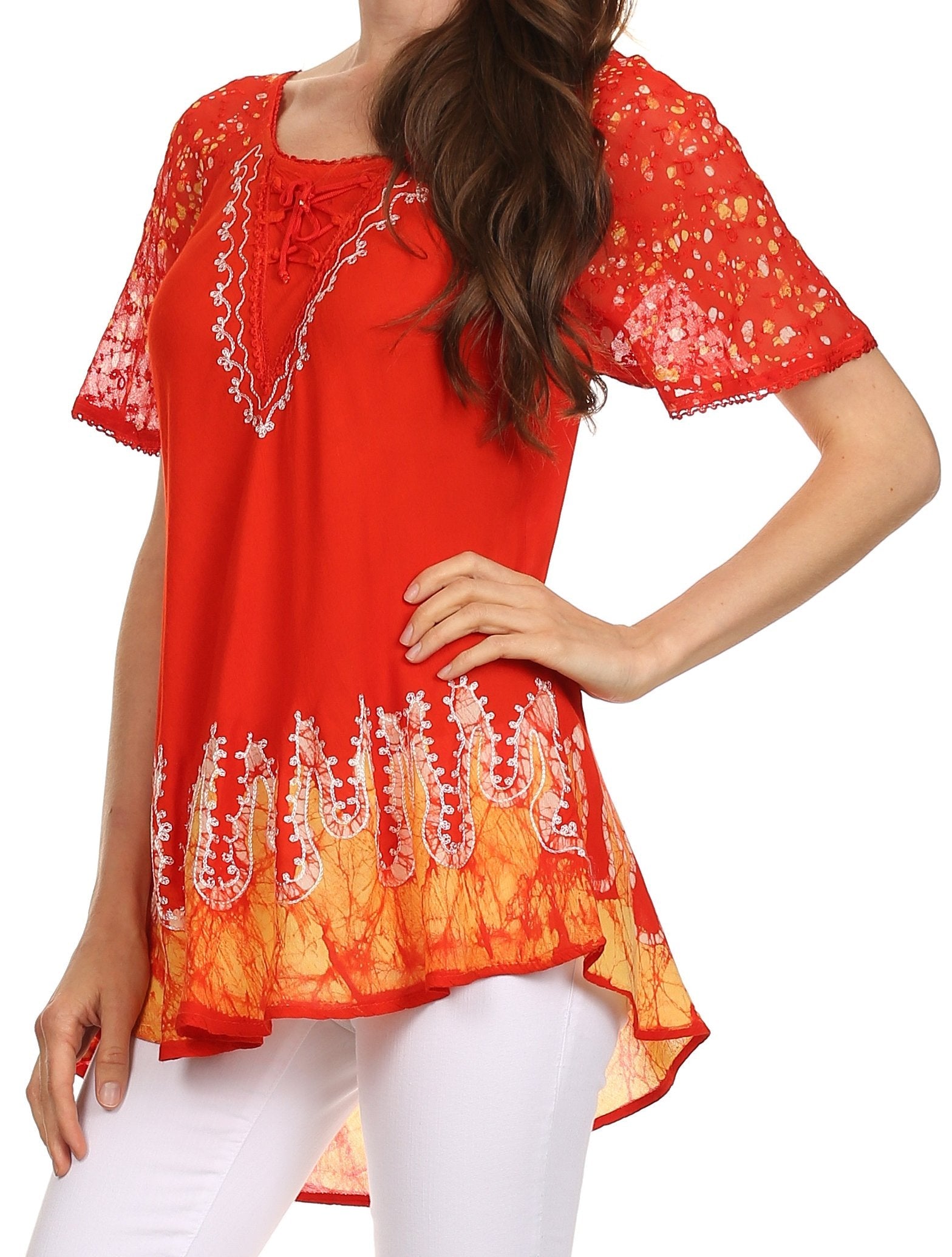 Sakkas Cora Relaxed Fit Batik Design Embroidery Cap Sleeves Blouse / Top - Concordia Style Boutique