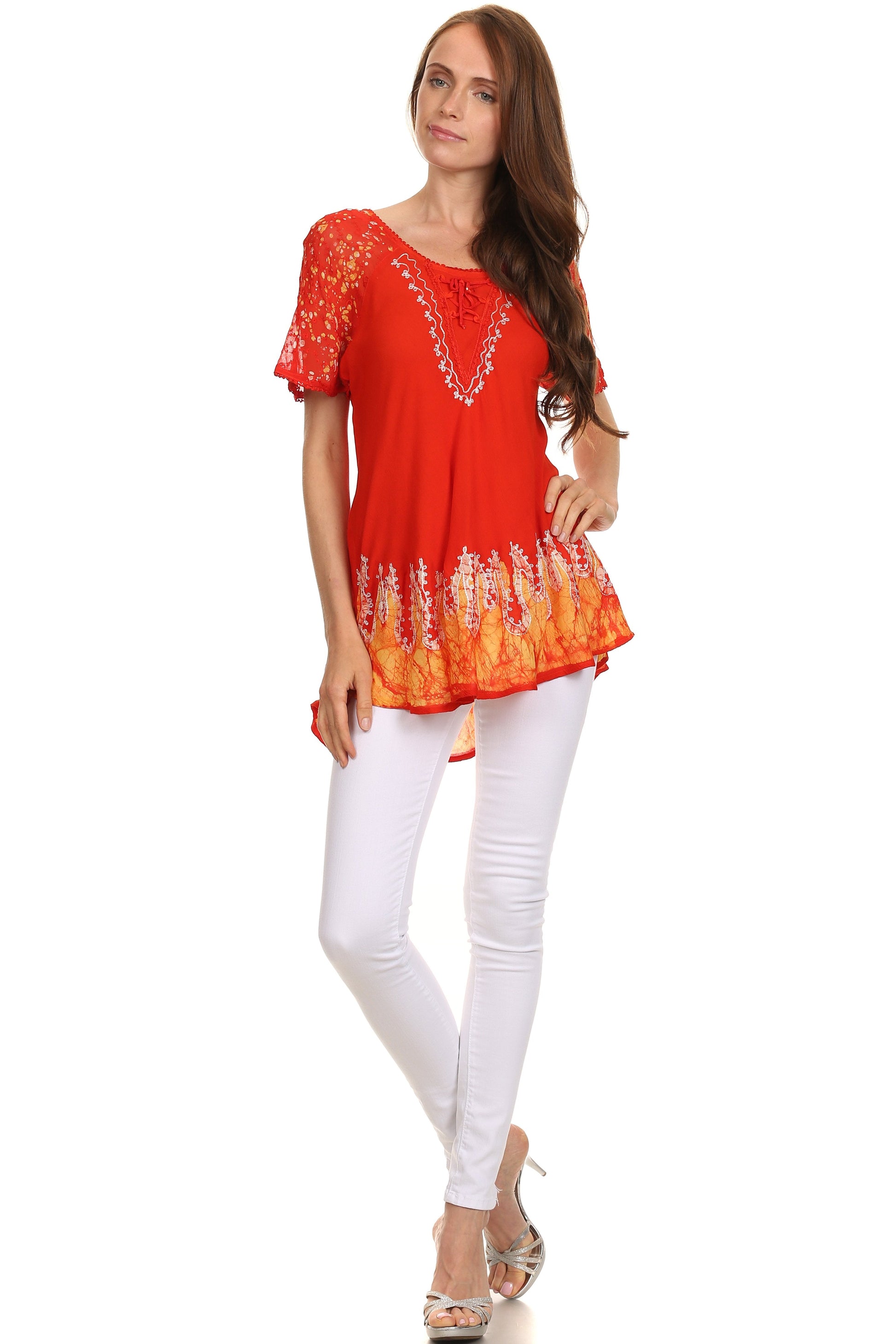 Sakkas Cora Relaxed Fit Batik Design Embroidery Cap Sleeves Blouse / Top - Concordia Style Boutique
