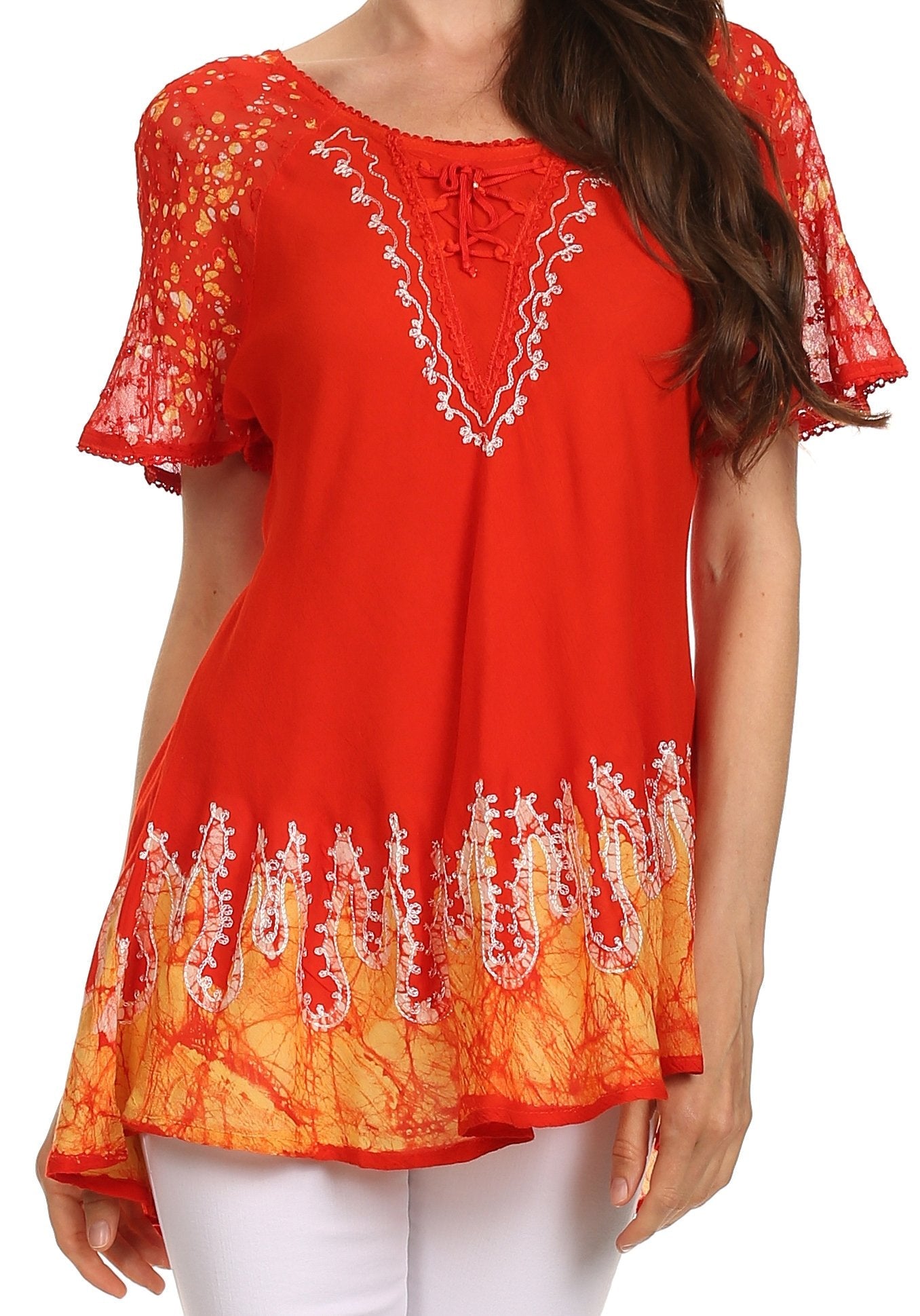 Sakkas Cora Relaxed Fit Batik Design Embroidery Cap Sleeves Blouse / Top - Concordia Style Boutique