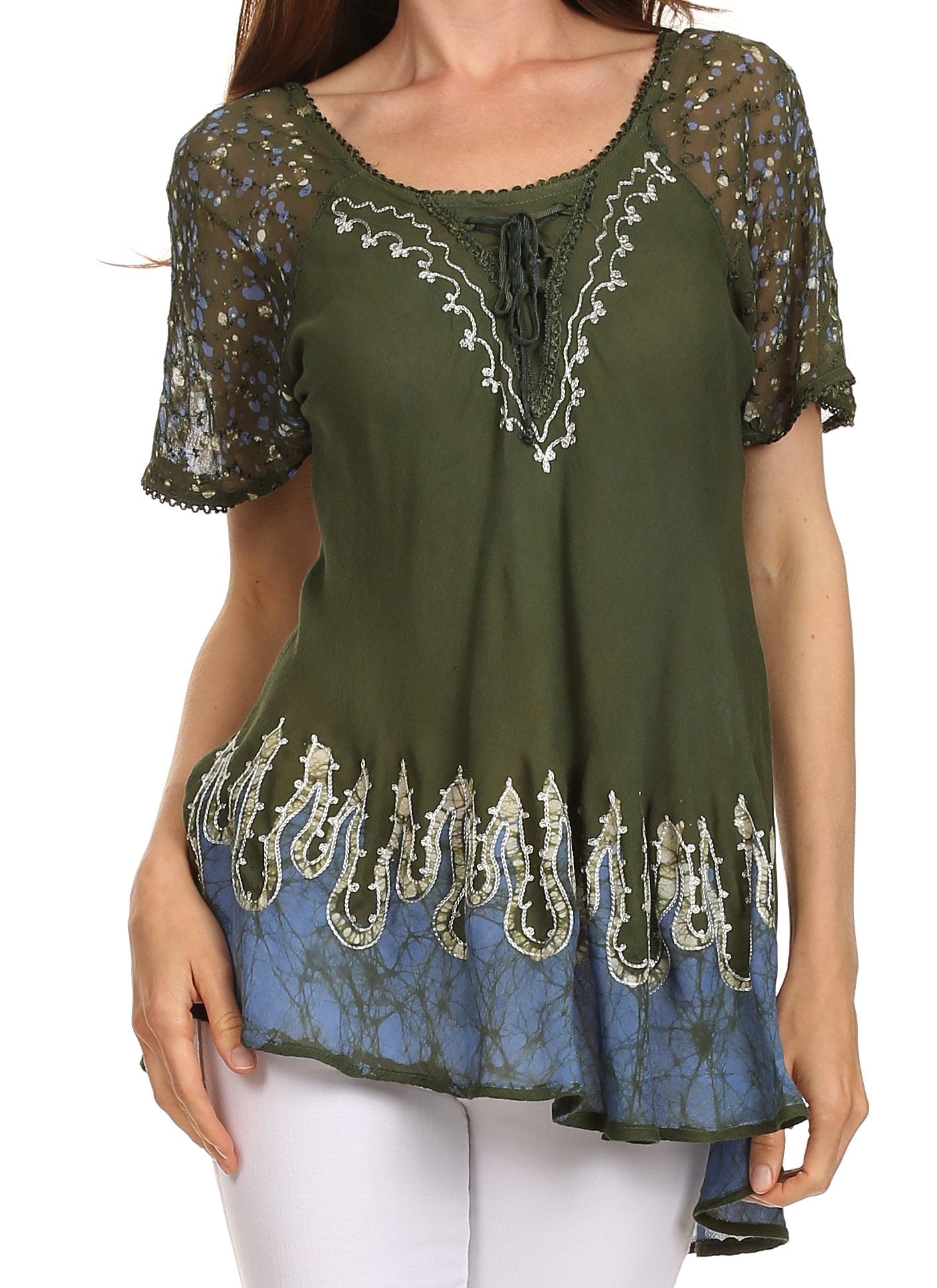 Sakkas Cora Relaxed Fit Batik Design Embroidery Cap Sleeves Blouse / Top - Concordia Style Boutique