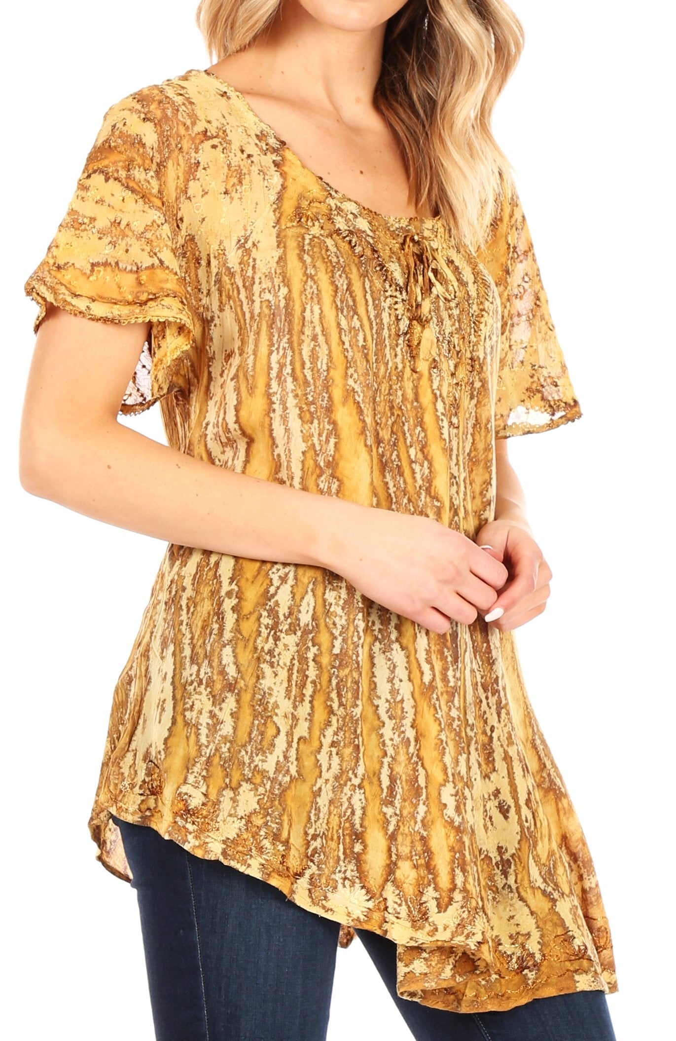 Sakkas Zoya Marbled Embroidery Cap Sleeves Blouse / Top - Concordia Style Boutique
