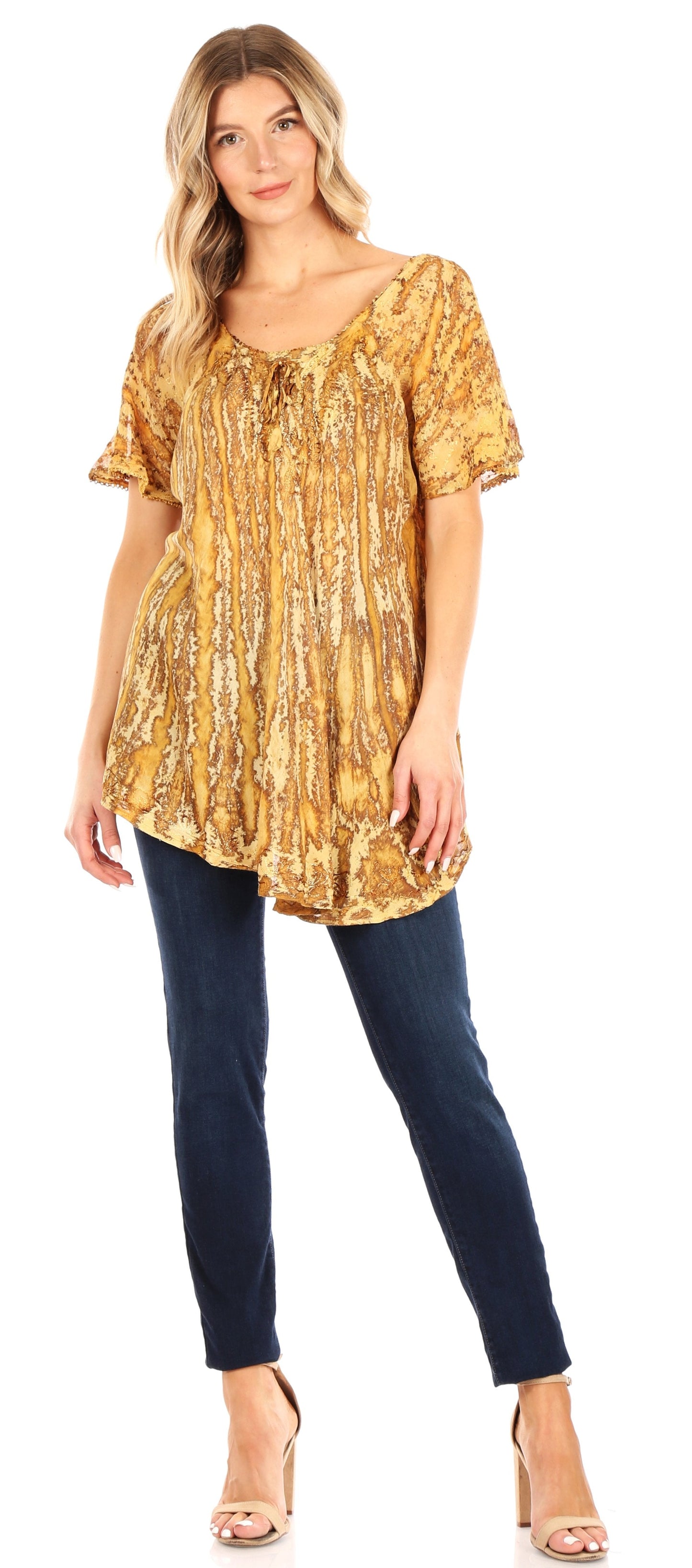 Sakkas Zoya Marbled Embroidery Cap Sleeves Blouse / Top - Concordia Style Boutique