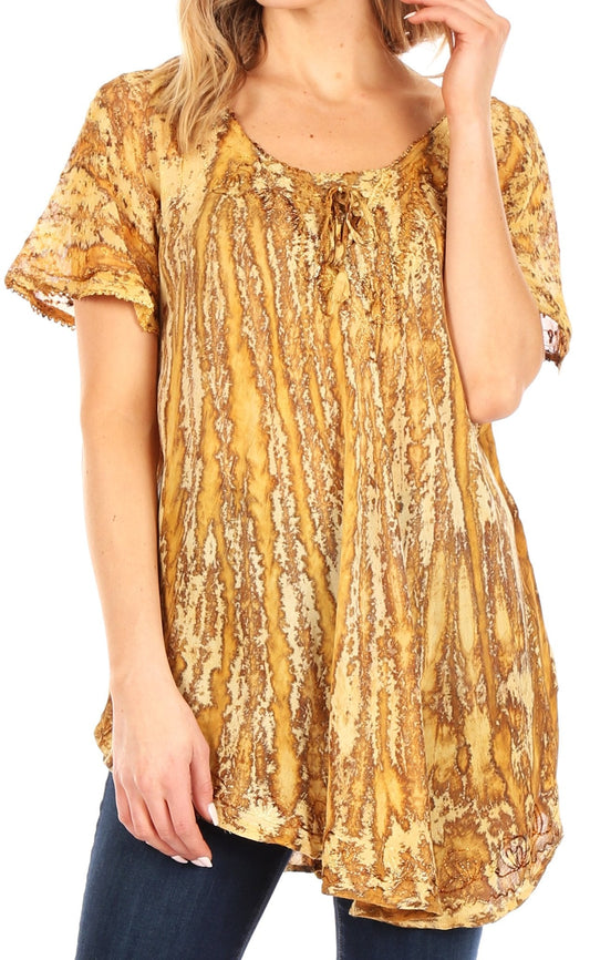 Sakkas Zoya Marbled Embroidery Cap Sleeves Blouse / Top - Concordia Style Boutique