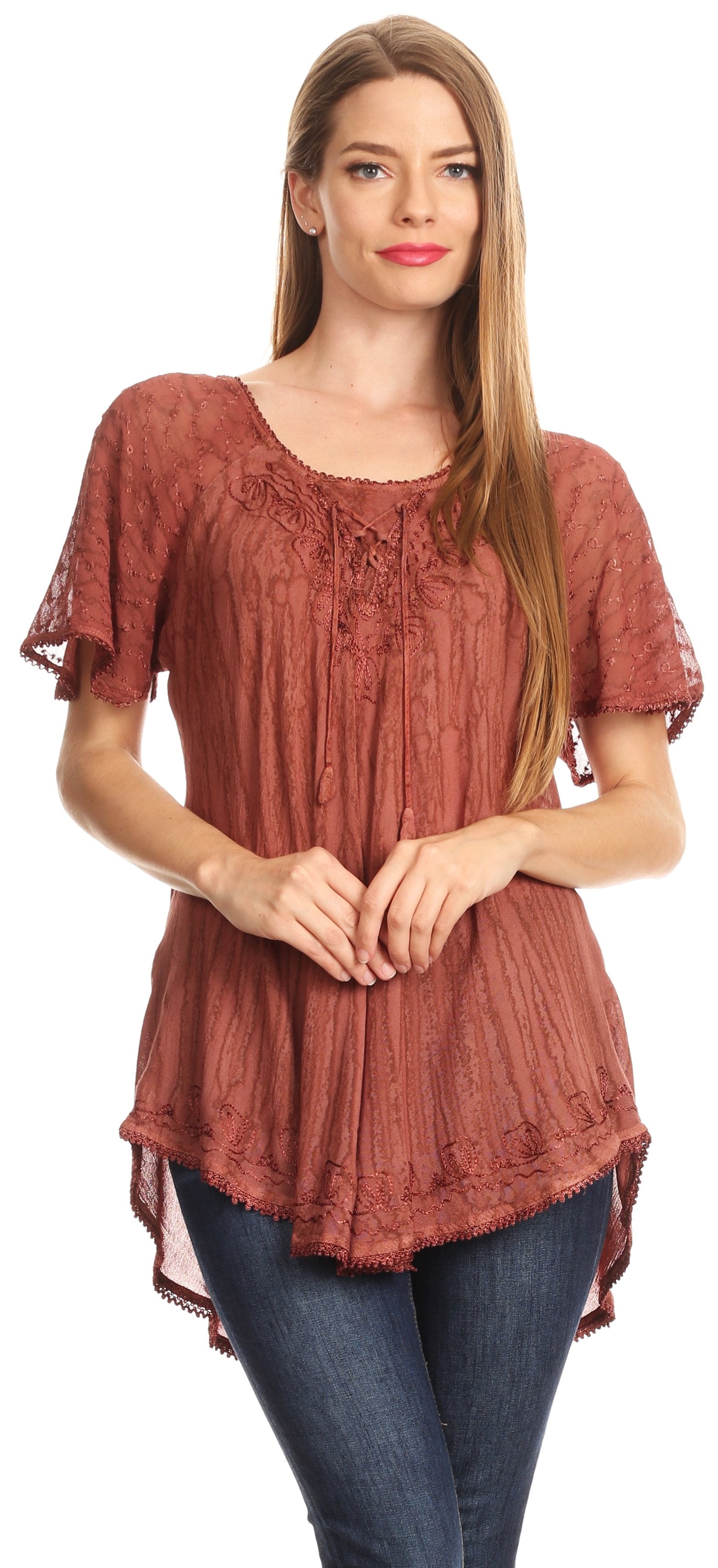 Sakkas Zoya Marbled Embroidery Cap Sleeves Blouse / Top - Concordia Style Boutique