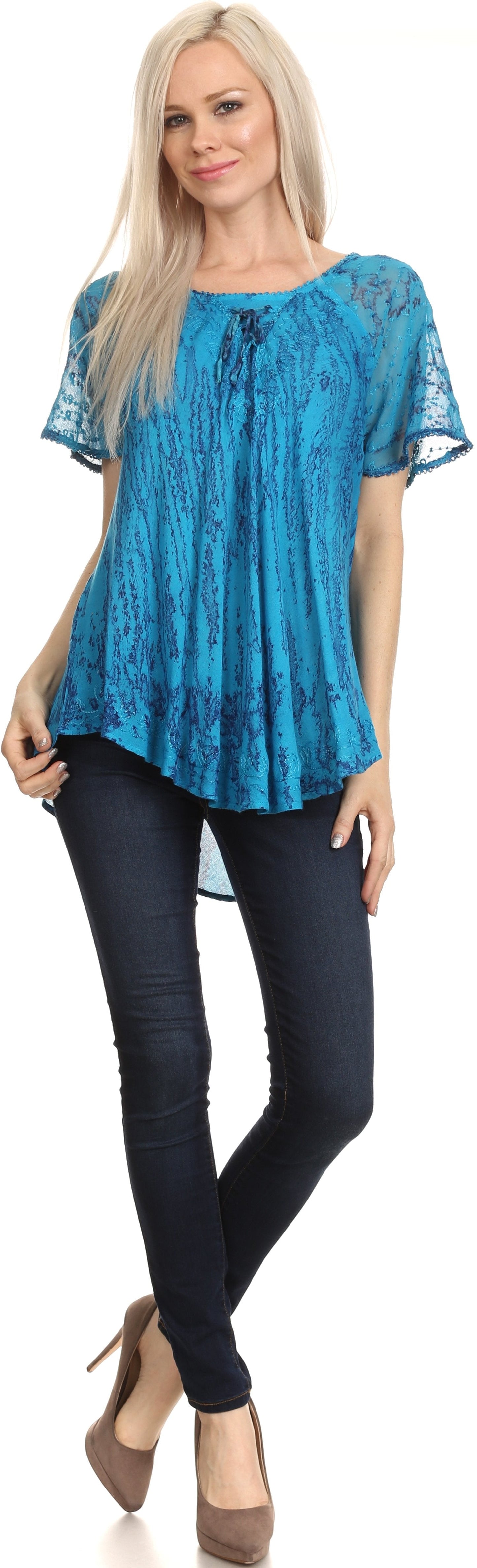 Sakkas Zoya Marbled Embroidery Cap Sleeves Blouse / Top - Concordia Style Boutique