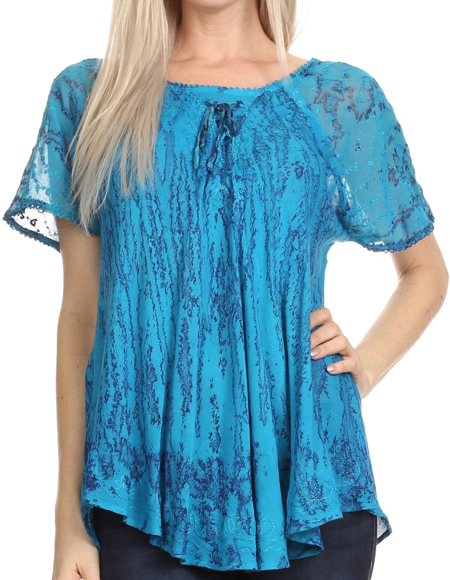 Sakkas Zoya Marbled Embroidery Cap Sleeves Blouse / Top - Concordia Style Boutique