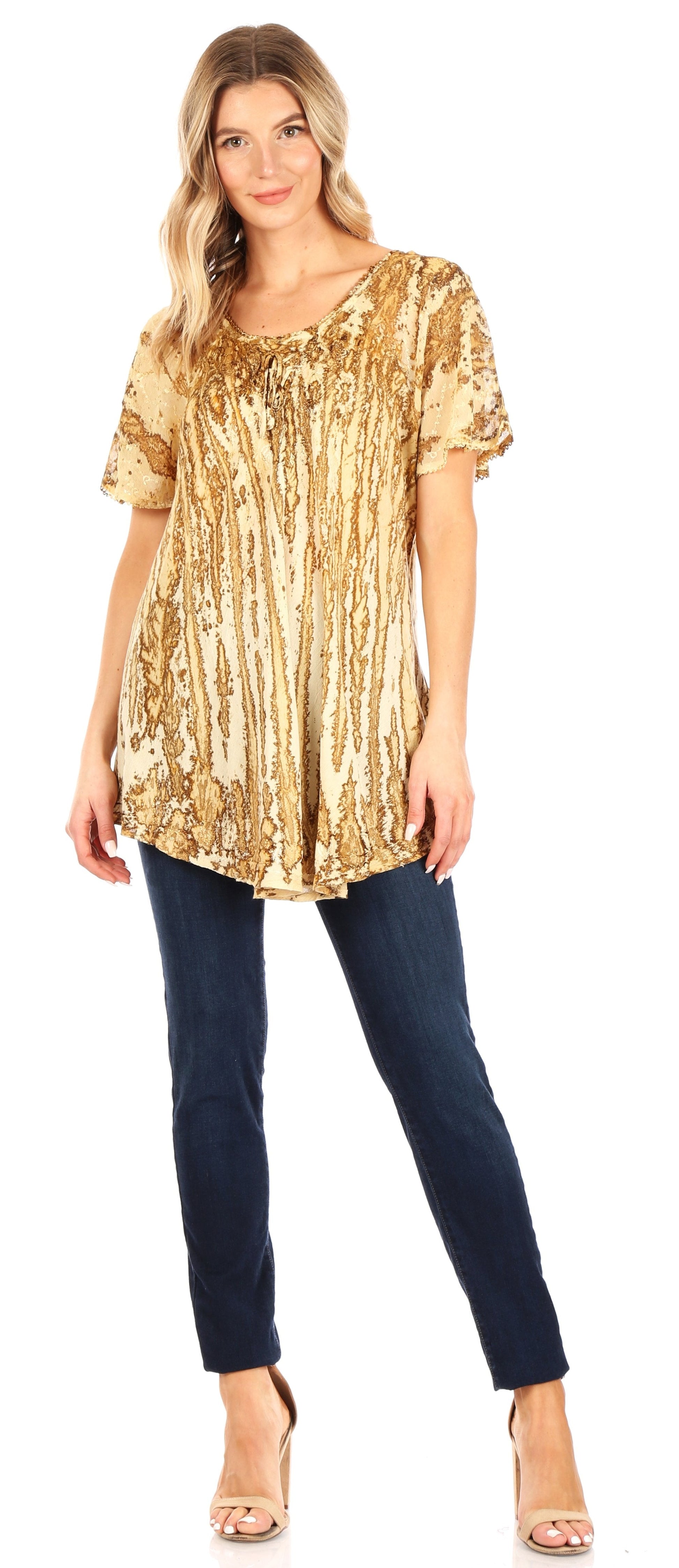 Sakkas Zoya Marbled Embroidery Cap Sleeves Blouse / Top - Concordia Style Boutique