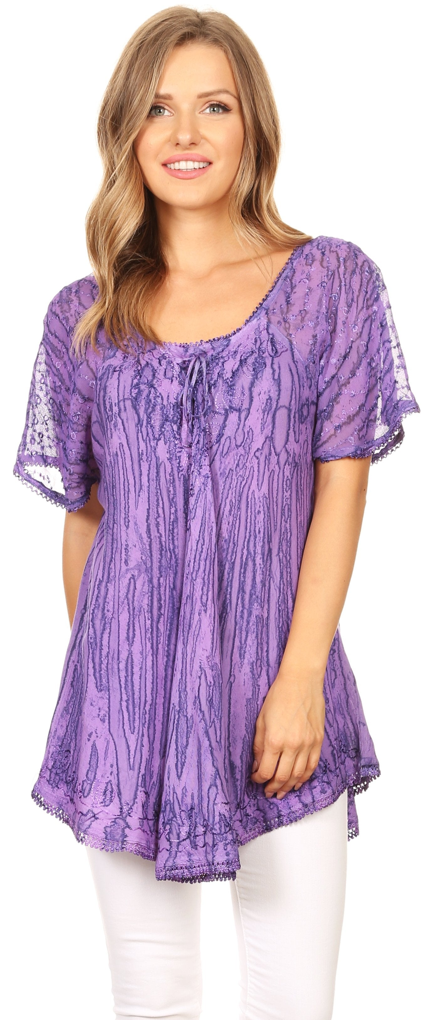 Sakkas Zoya Marbled Embroidery Cap Sleeves Blouse / Top - Concordia Style Boutique