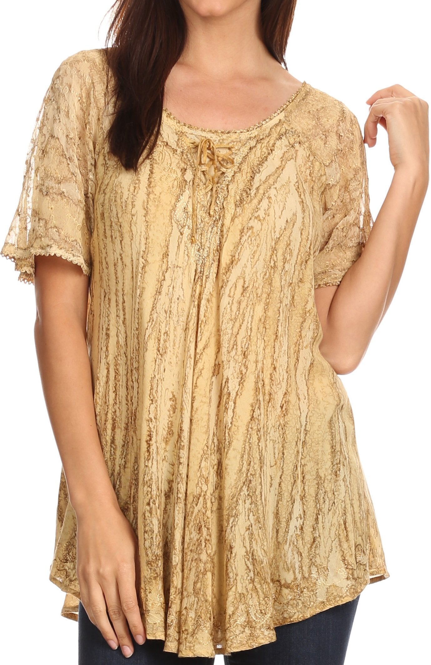 Sakkas Zoya Marbled Embroidery Cap Sleeves Blouse / Top - Concordia Style Boutique