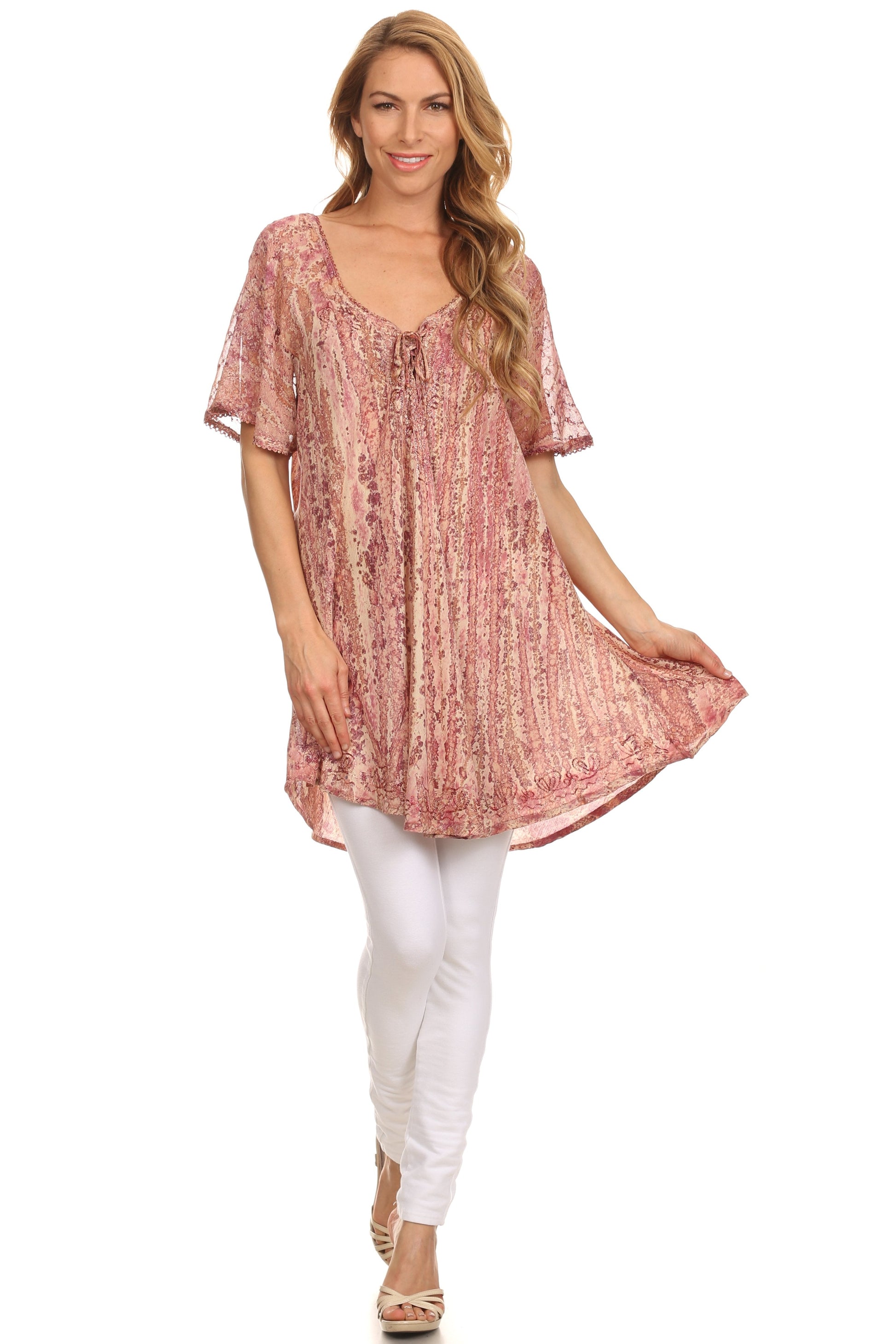 Sakkas Zoya Marbled Embroidery Cap Sleeves Blouse / Top - Concordia Style Boutique