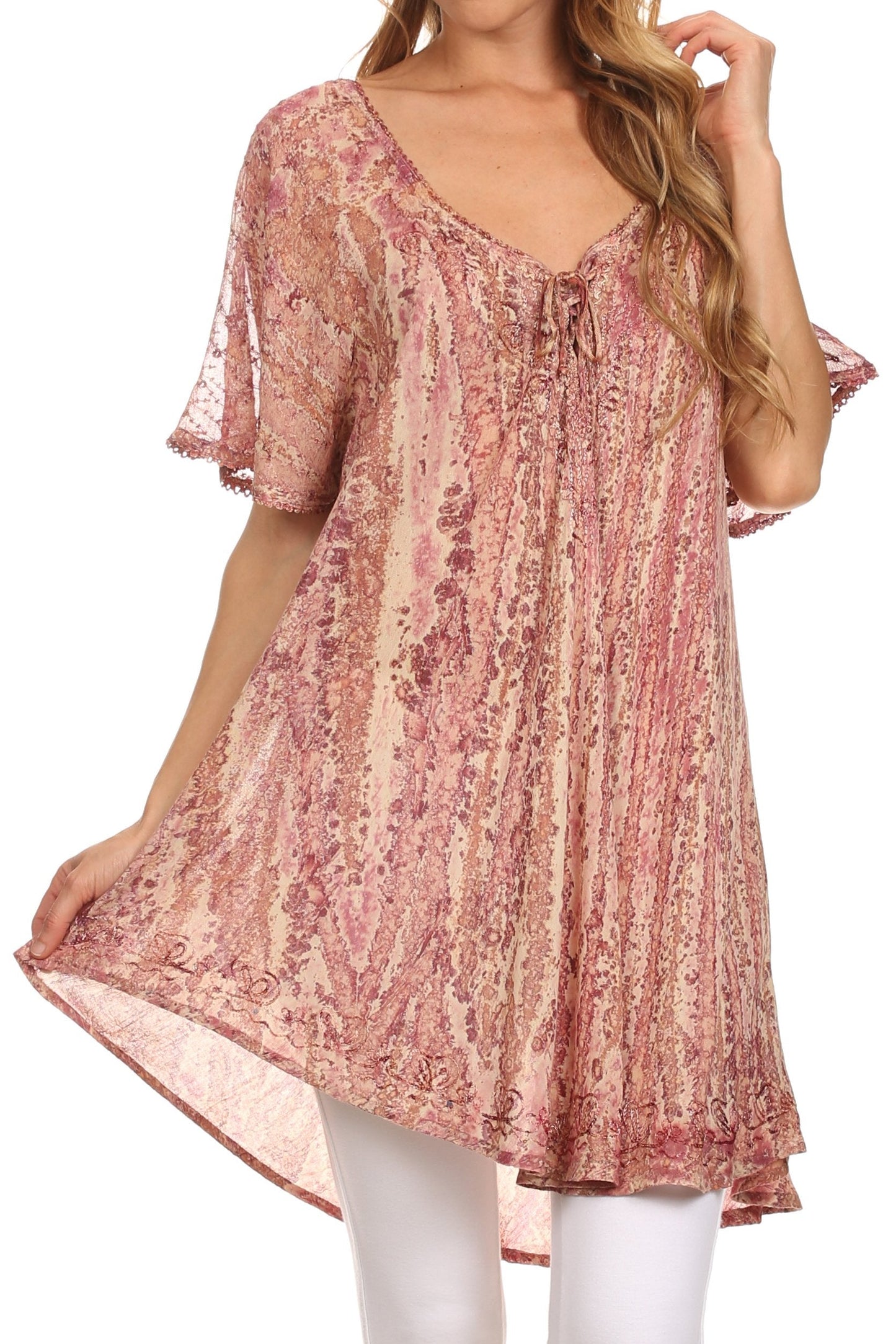Sakkas Zoya Marbled Embroidery Cap Sleeves Blouse / Top - Concordia Style Boutique