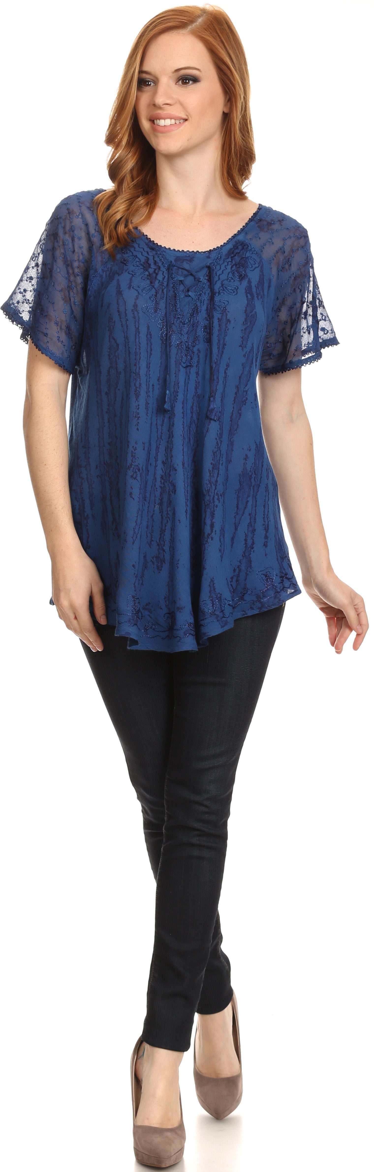 Sakkas Zoya Marbled Embroidery Cap Sleeves Blouse / Top - Concordia Style Boutique
