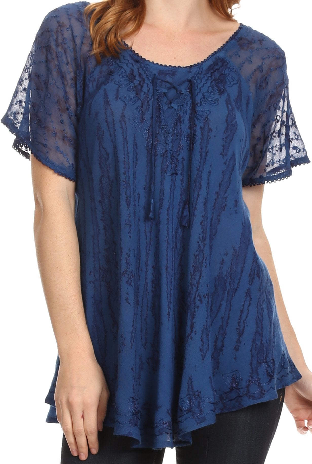 Sakkas Zoya Marbled Embroidery Cap Sleeves Blouse / Top - Concordia Style Boutique