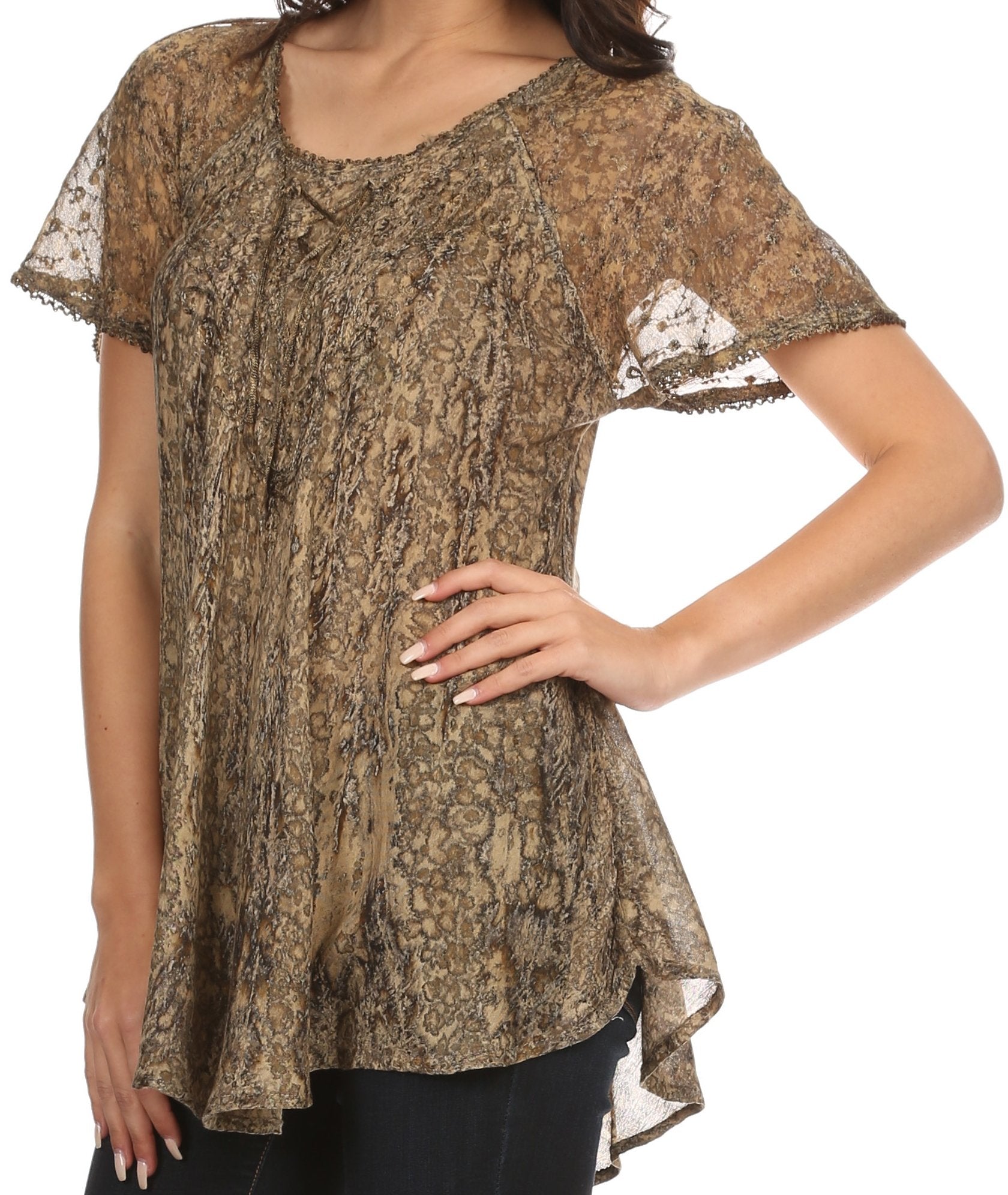 Sakkas Zoya Marbled Embroidery Cap Sleeves Blouse / Top - Concordia Style Boutique