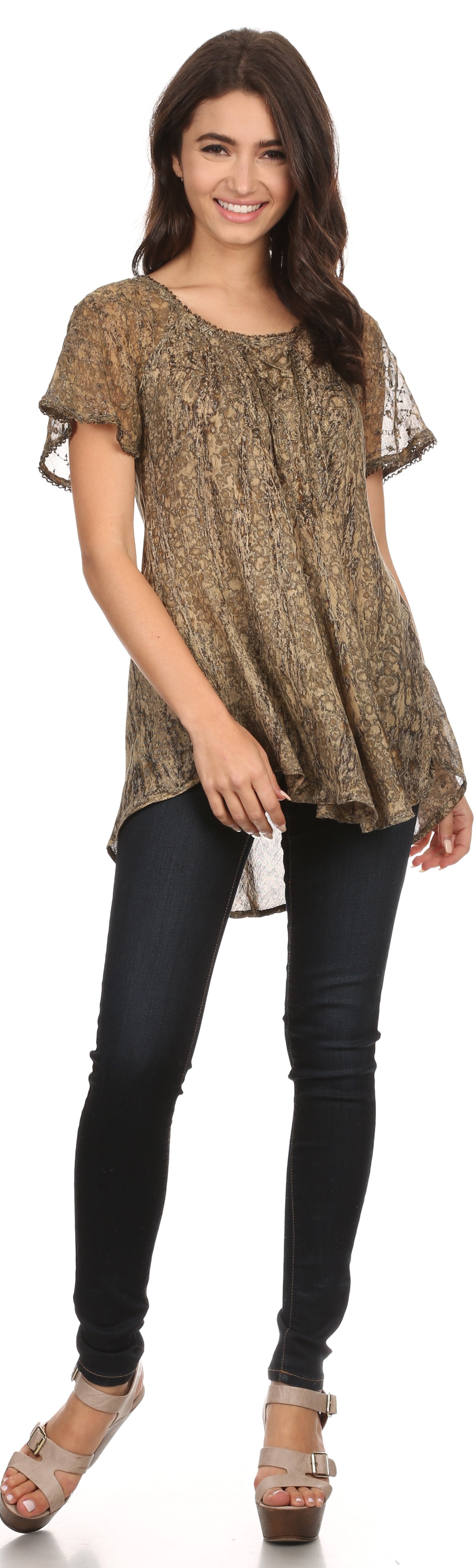 Sakkas Zoya Marbled Embroidery Cap Sleeves Blouse / Top - Concordia Style Boutique
