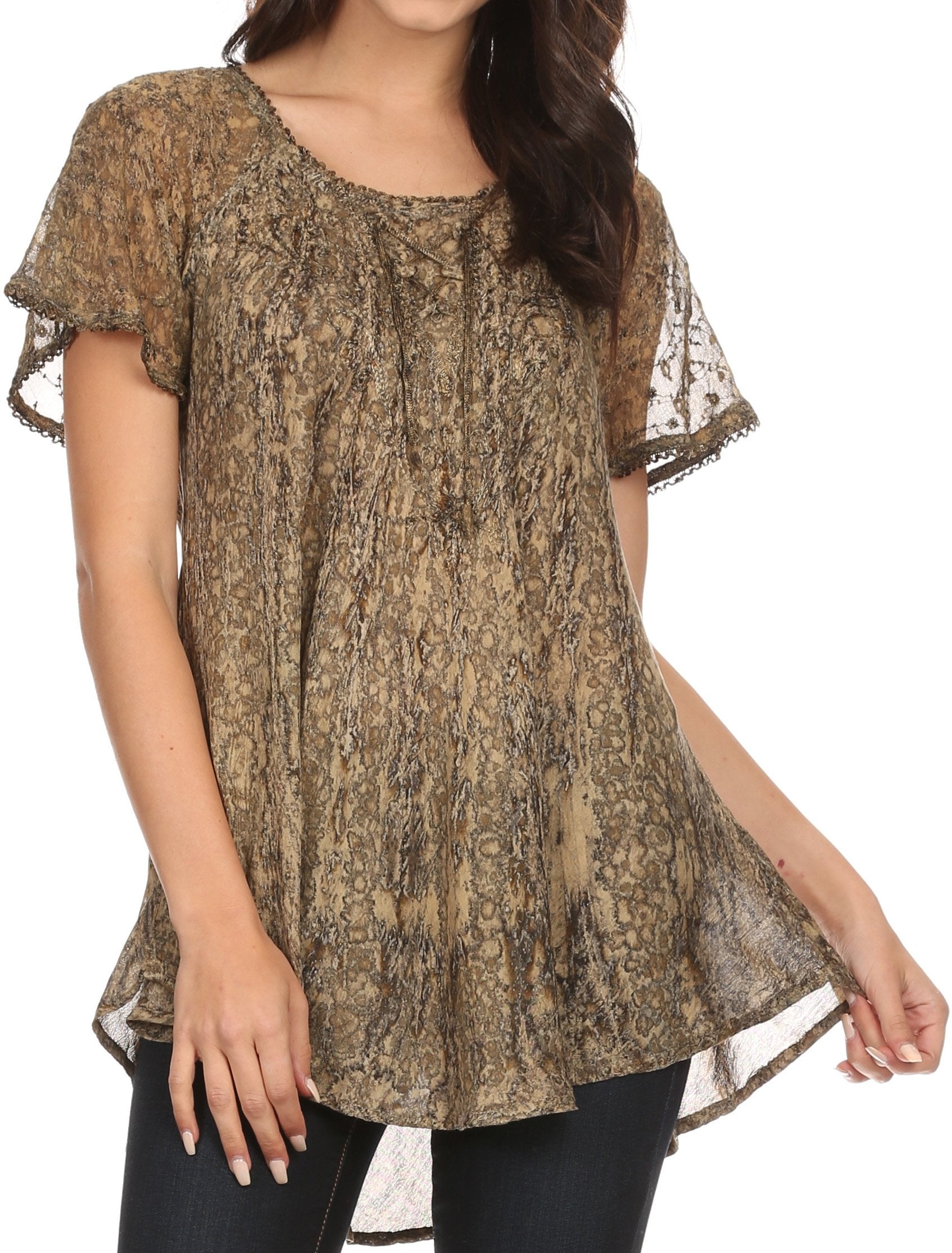 Sakkas Zoya Marbled Embroidery Cap Sleeves Blouse / Top - Concordia Style Boutique