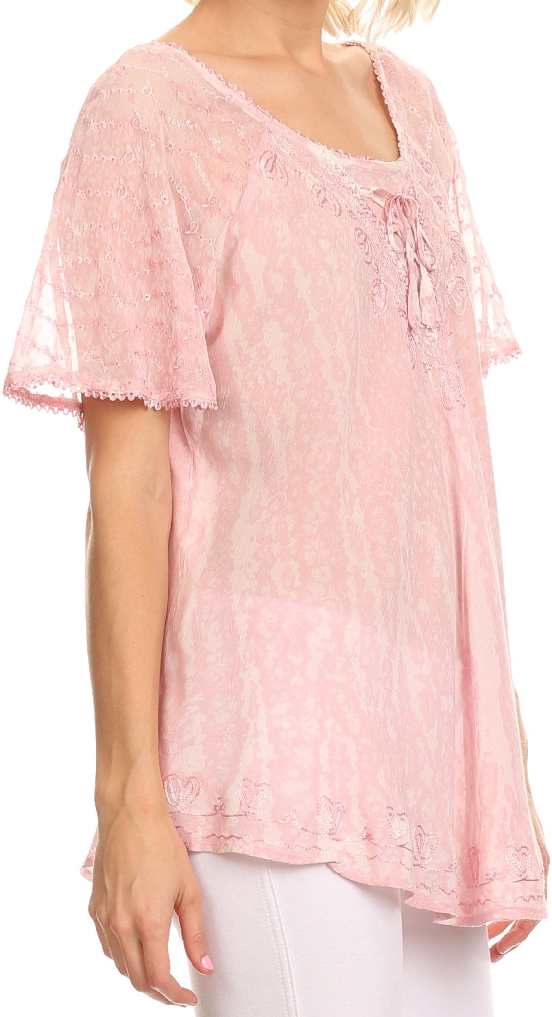 Sakkas Zoya Marbled Embroidery Cap Sleeves Blouse / Top - Concordia Style Boutique