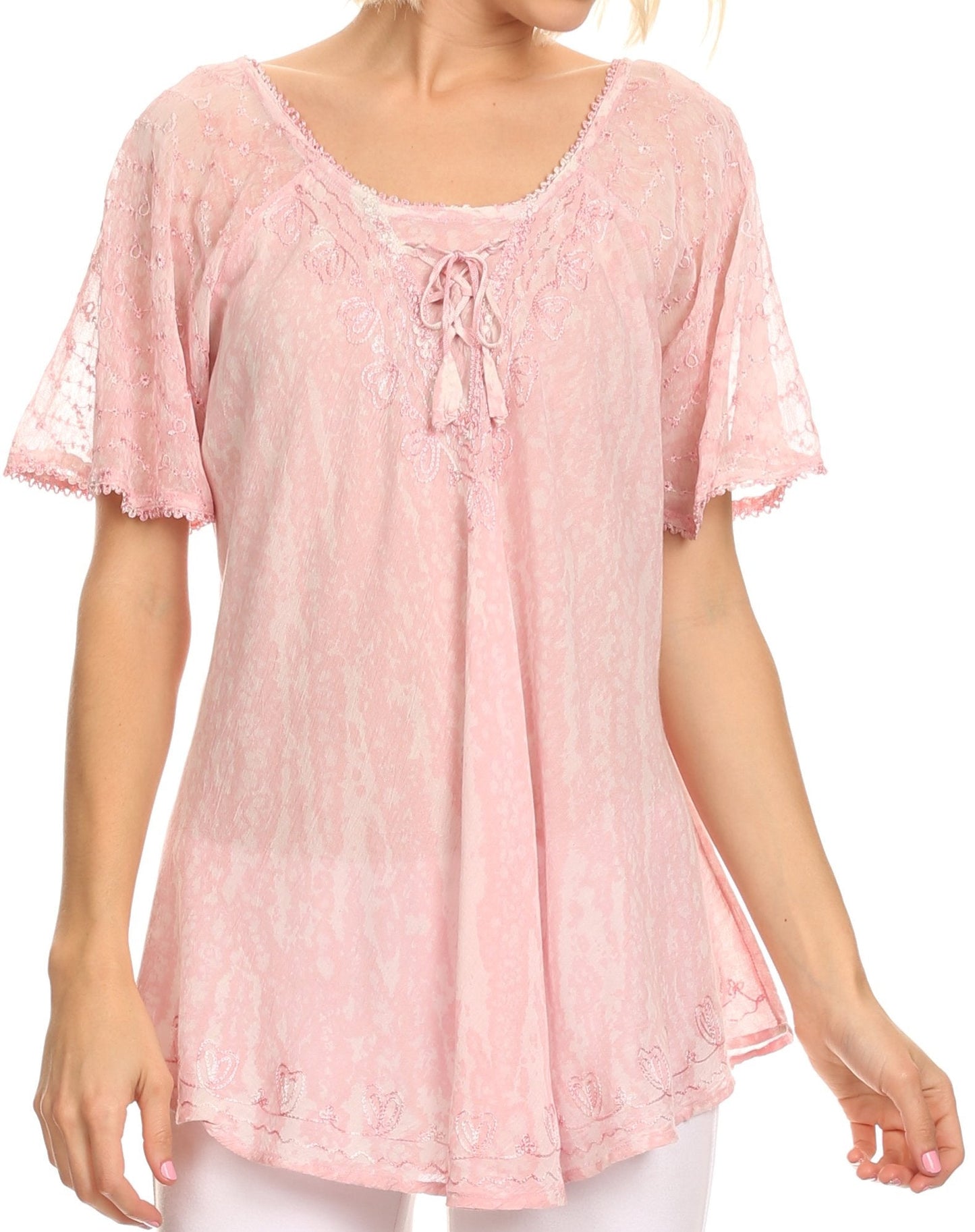 Sakkas Zoya Marbled Embroidery Cap Sleeves Blouse / Top - Concordia Style Boutique