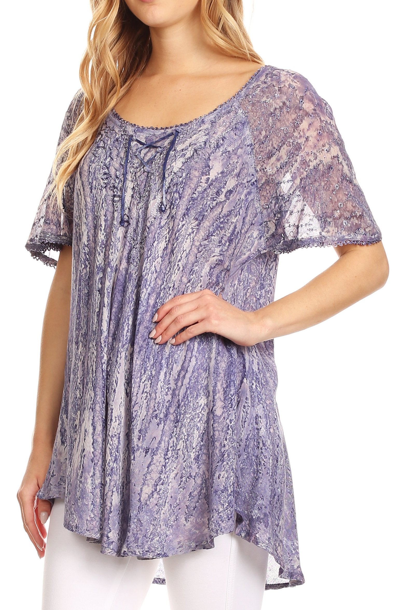 Sakkas Zoya Marbled Embroidery Cap Sleeves Blouse / Top - Concordia Style Boutique