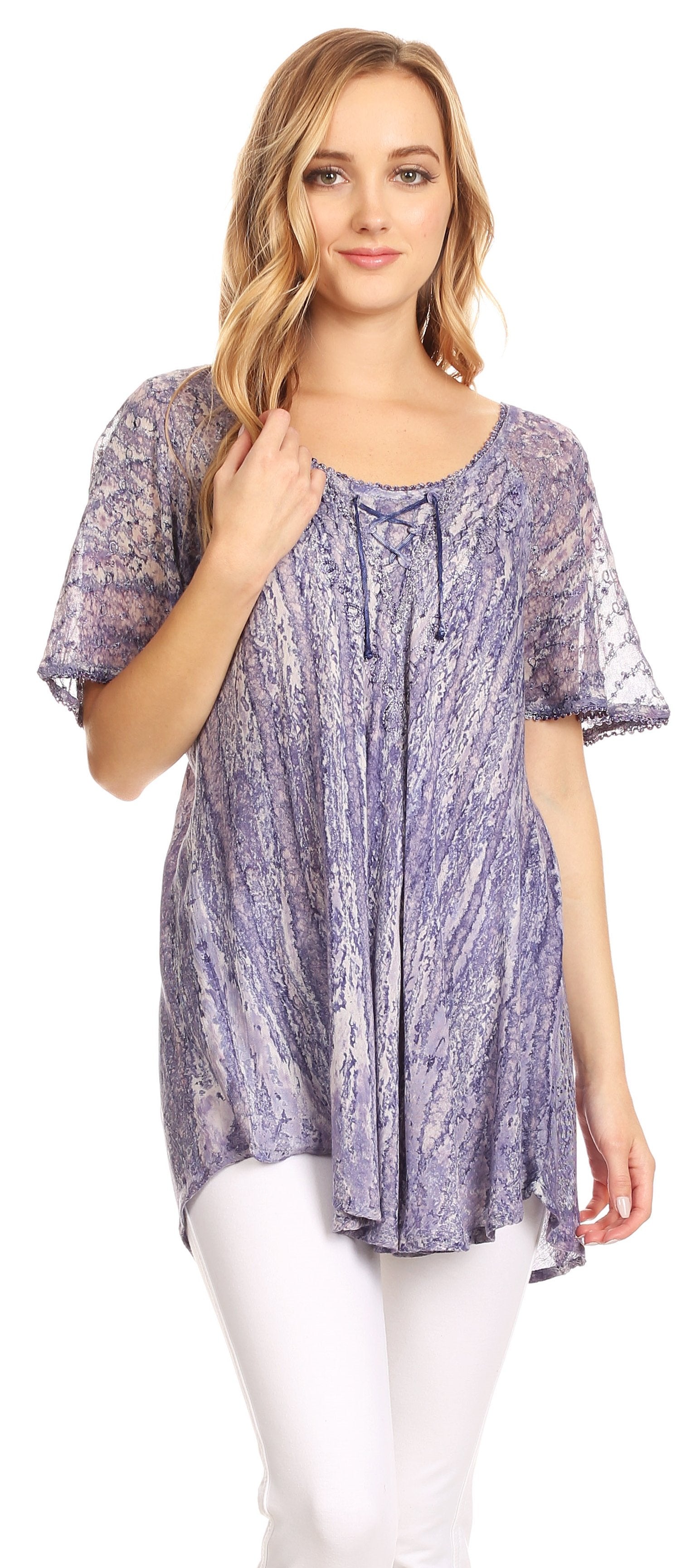 Sakkas Zoya Marbled Embroidery Cap Sleeves Blouse / Top - Concordia Style Boutique
