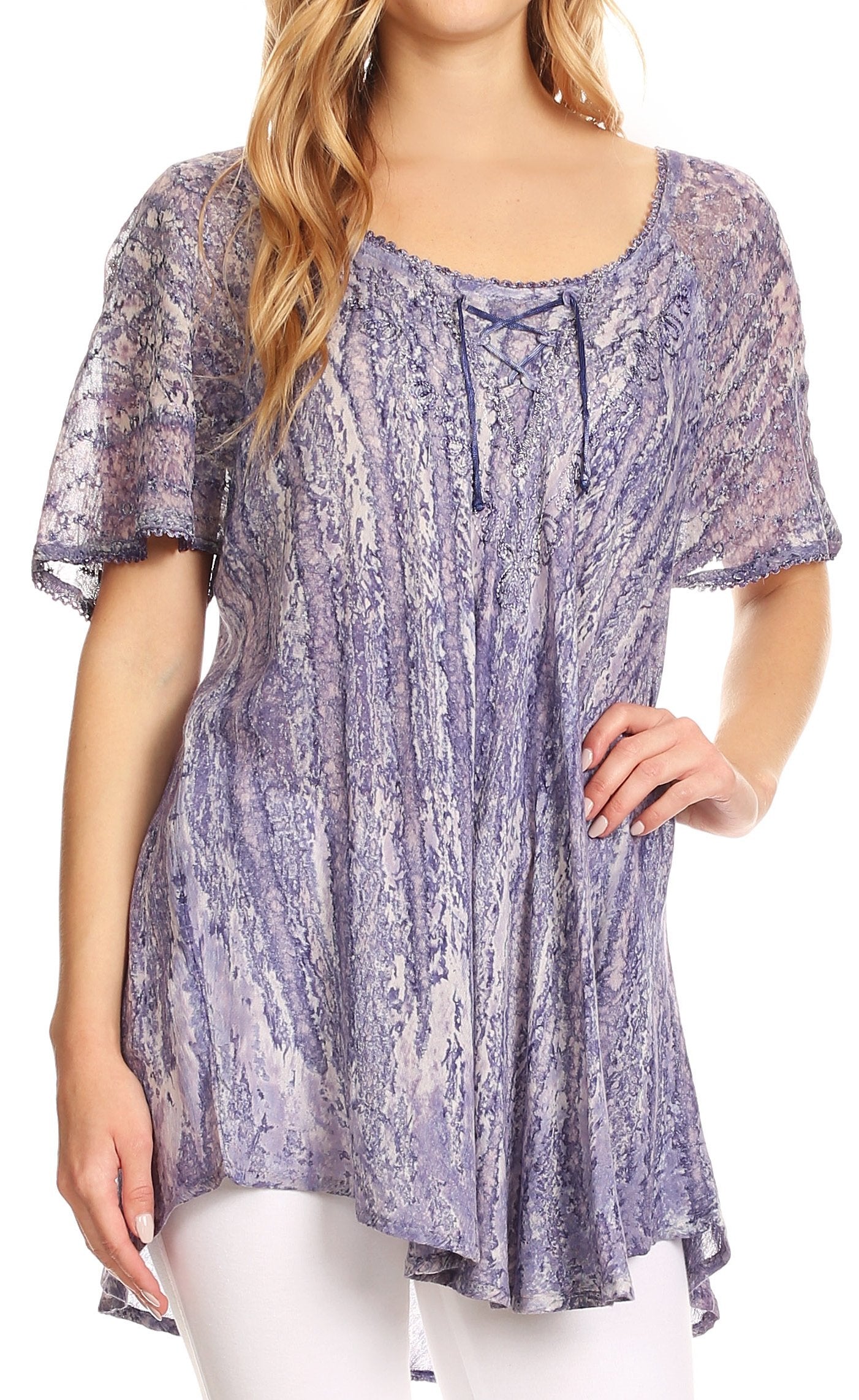 Sakkas Zoya Marbled Embroidery Cap Sleeves Blouse / Top - Concordia Style Boutique