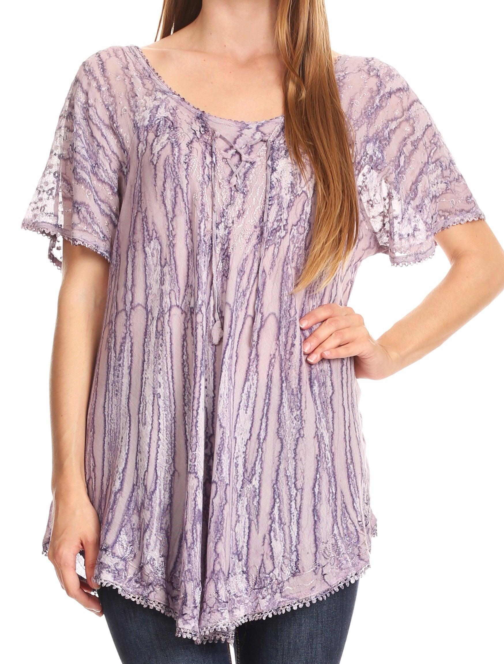 Sakkas Zoya Marbled Embroidery Cap Sleeves Blouse / Top - Concordia Style Boutique