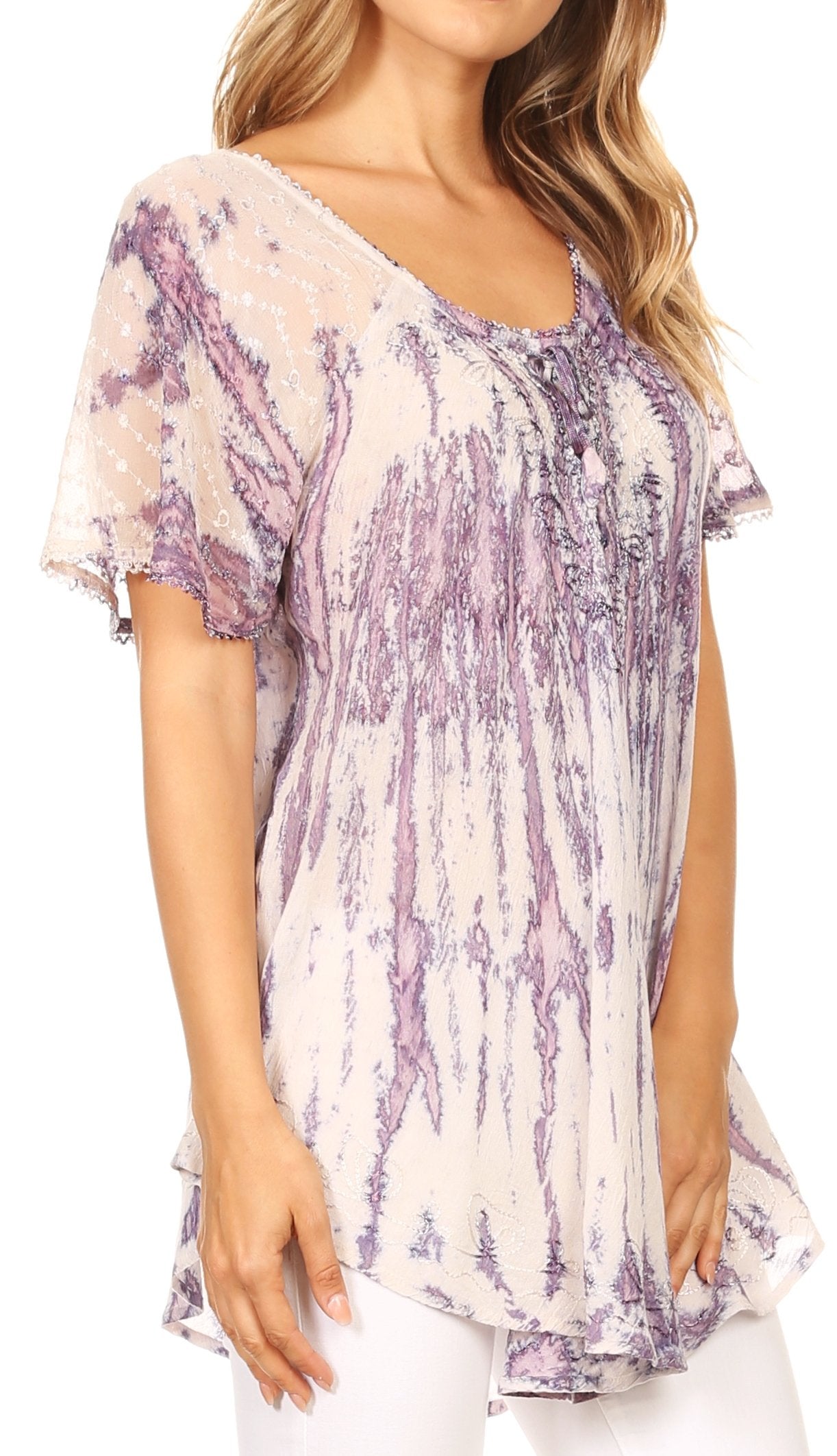 Sakkas Zoya Marbled Embroidery Cap Sleeves Blouse / Top - Concordia Style Boutique