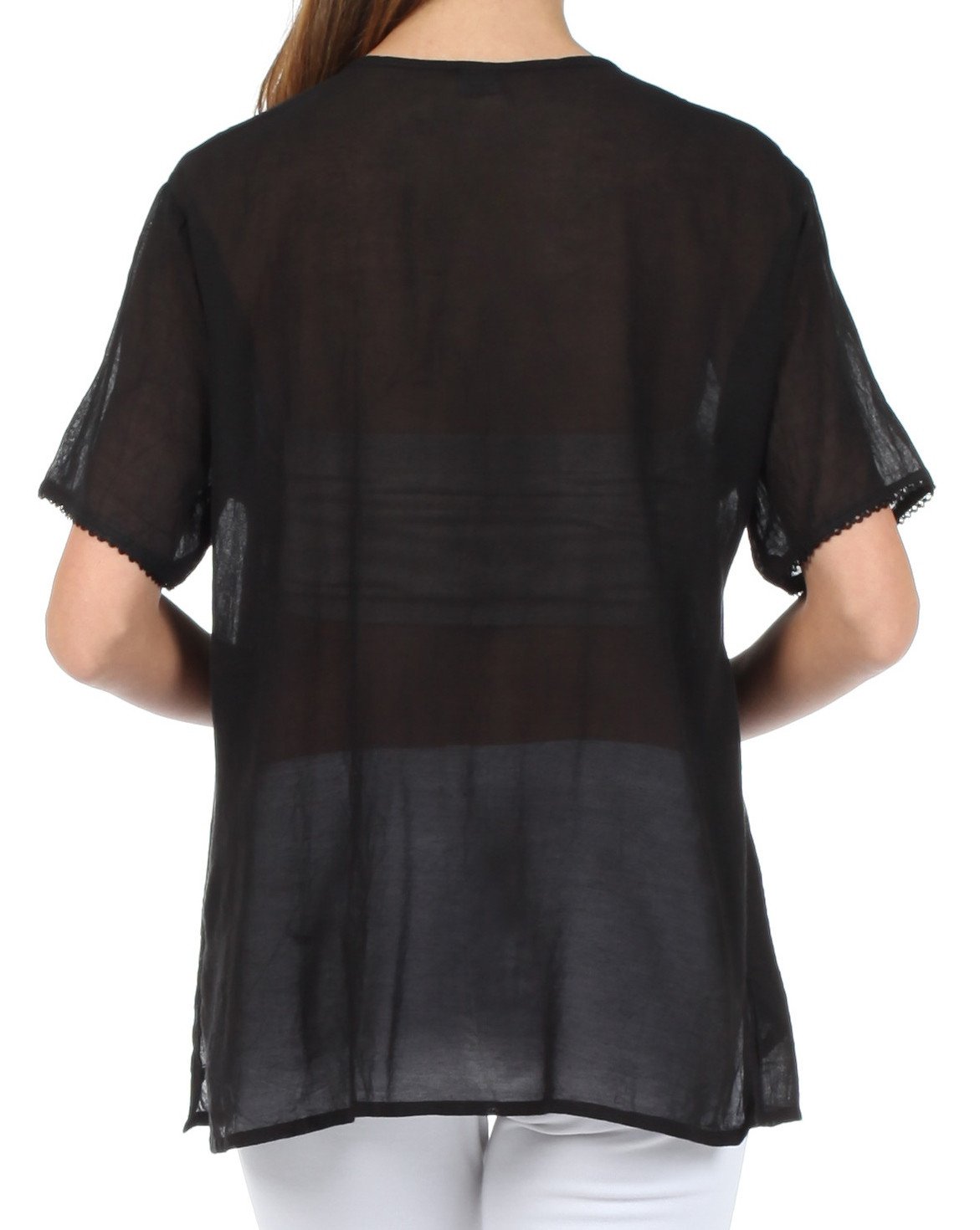 Sakkas Button Down Embroidered Short Sleeve Semi-Sheer Gauzy Cotton Top / Blouse - Concordia Style Boutique