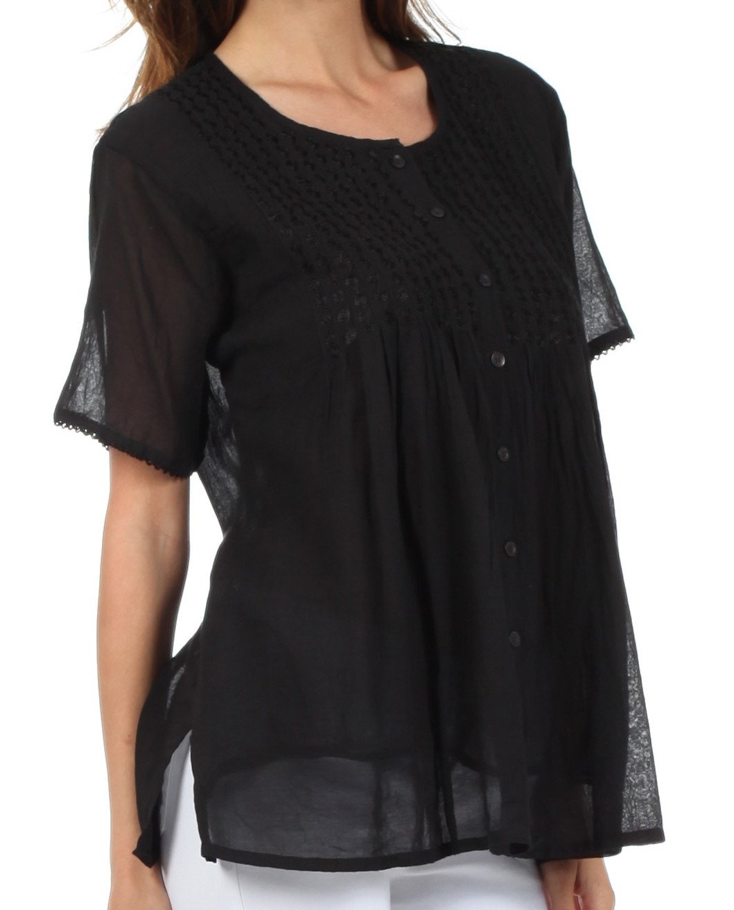 Sakkas Button Down Embroidered Short Sleeve Semi-Sheer Gauzy Cotton Top / Blouse - Concordia Style Boutique