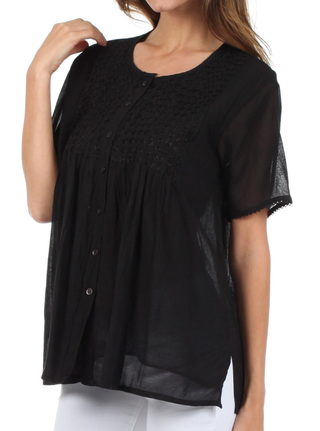 Sakkas Button Down Embroidered Short Sleeve Semi-Sheer Gauzy Cotton Top / Blouse - Concordia Style Boutique