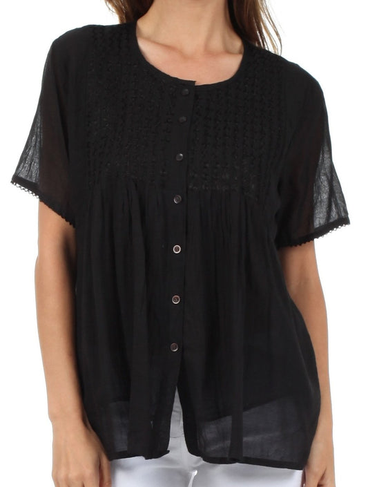 Sakkas Button Down Embroidered Short Sleeve Semi-Sheer Gauzy Cotton Top / Blouse - Concordia Style Boutique